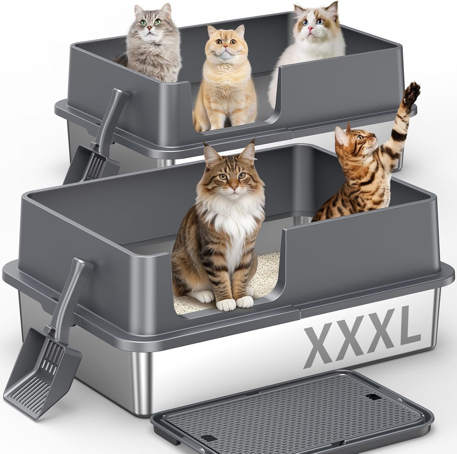 2PACK XXXL Stainless Steel Cat Litter Box with High Sides Lid