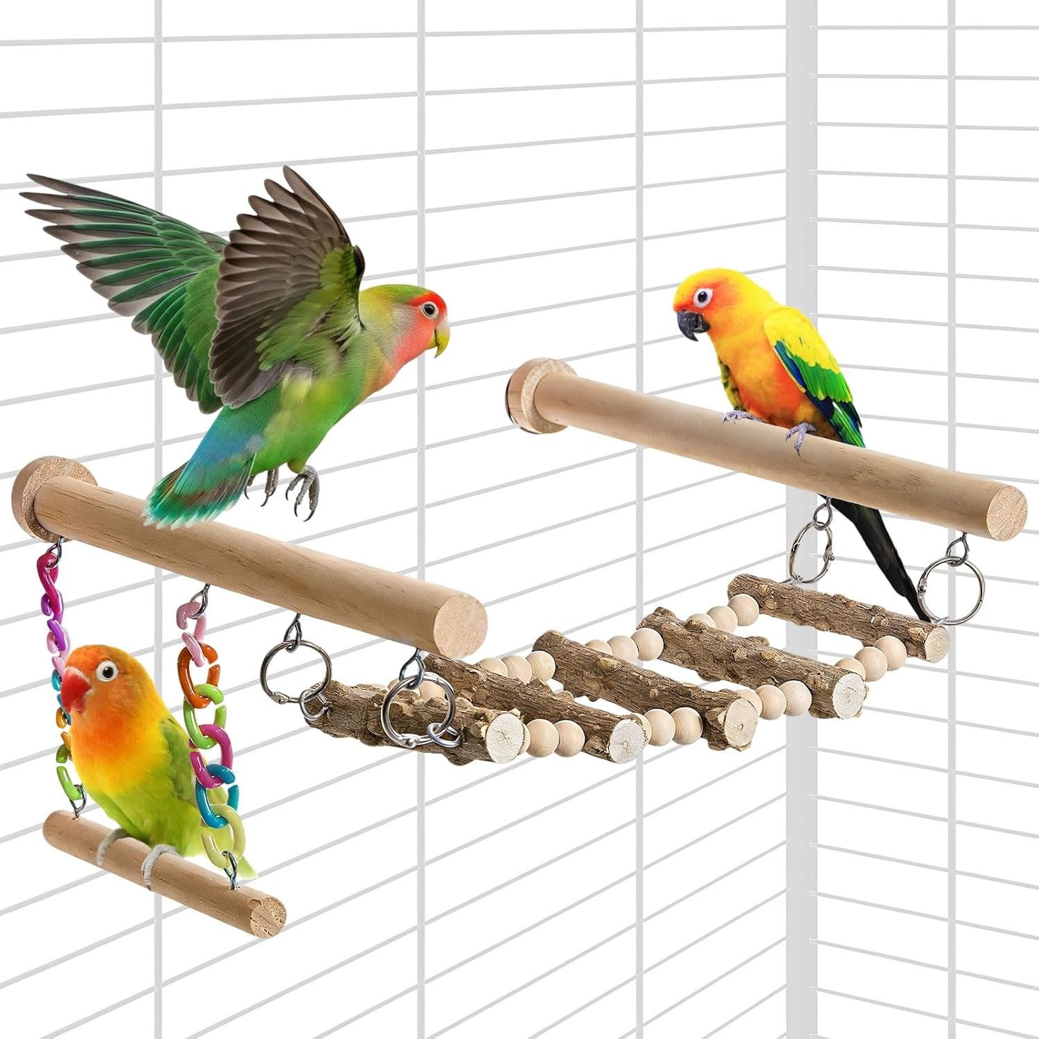 Bird Perches Ladder with Swing,Natural Wood Parrot Climbing Bridge Toys