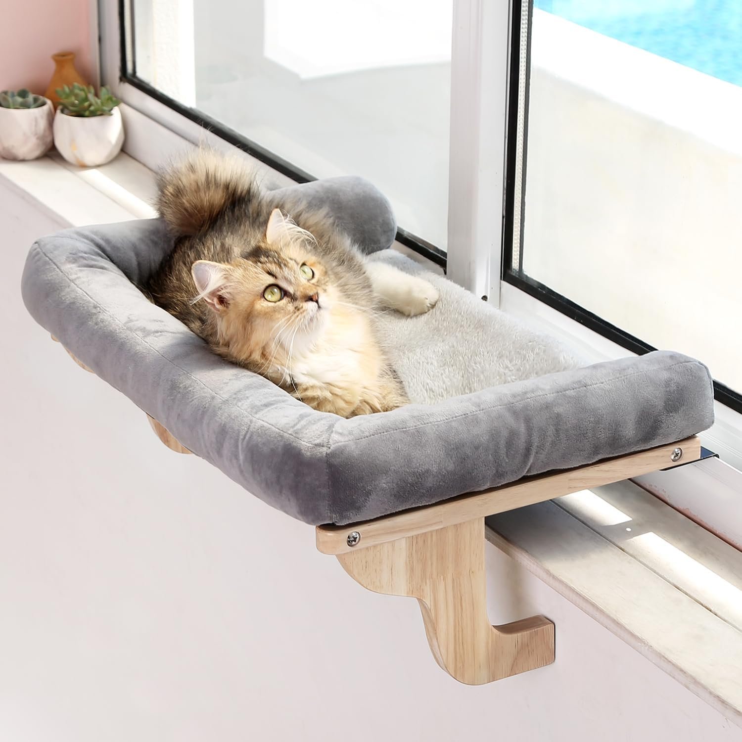 Zakkart Cat Perch for Windowsill with Bolsters (Natural Wood/Gray, XL)