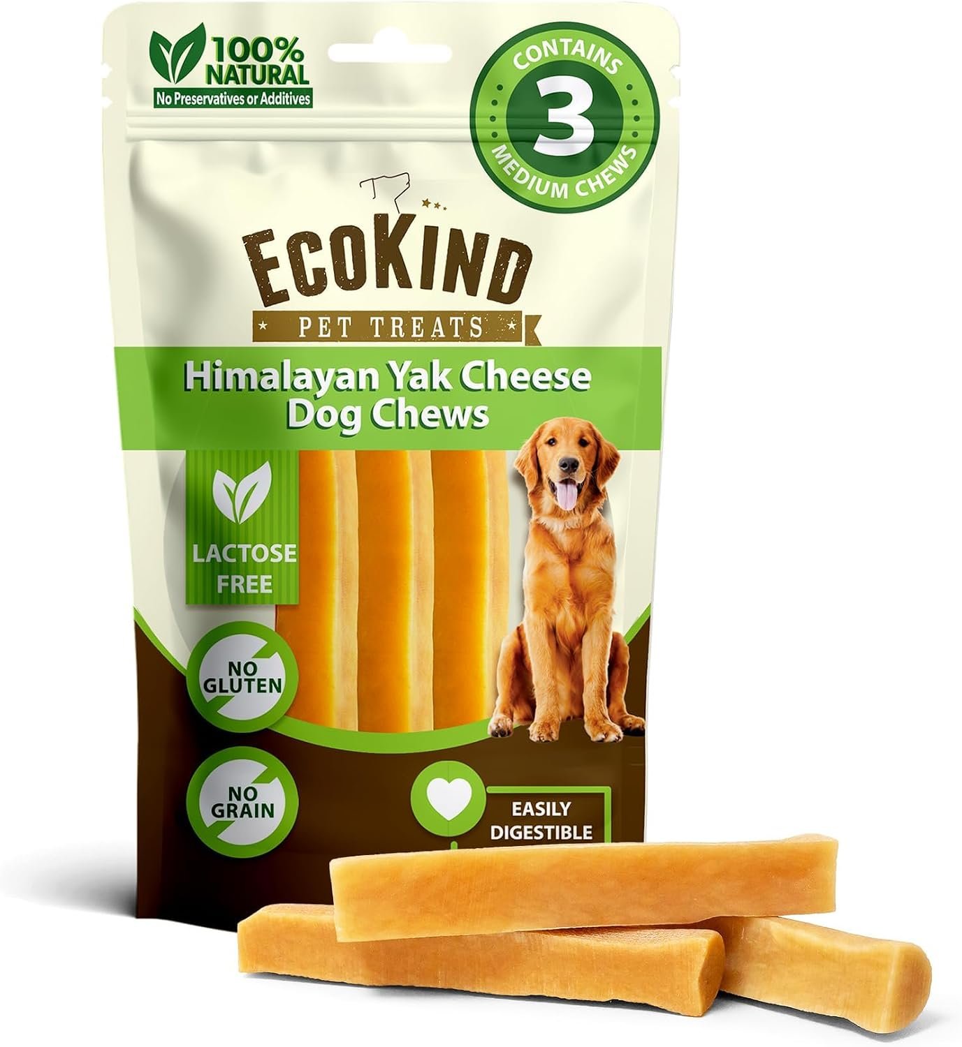 EcoKind Yak Cheese Himalayan Dog Chews, Yak Chews for Medium Dogs, 3 Bones
