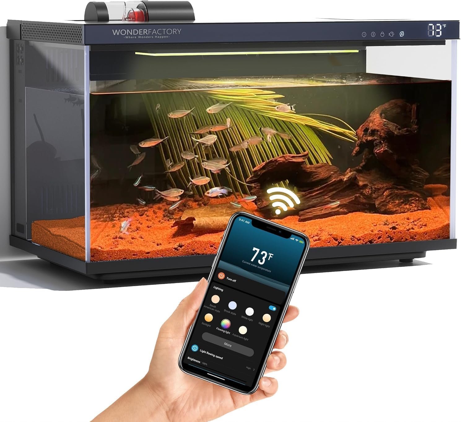 Wonderfactory Smart Aquarium 5 Gallon Glass Fish Tank, Self Cleaning System Efficiency Filter 7 Color LED Lights Automatic Feeder Temperature Display Monitor HD UHA Glass, Smart Control with Apps