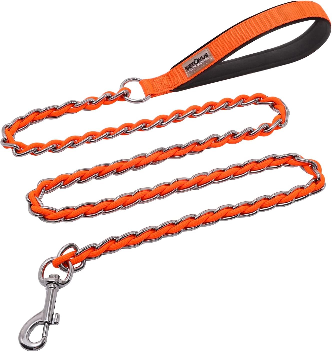 Chain Dog Leash, Bite-Proof Metal Leash, with Padded Handle Orange