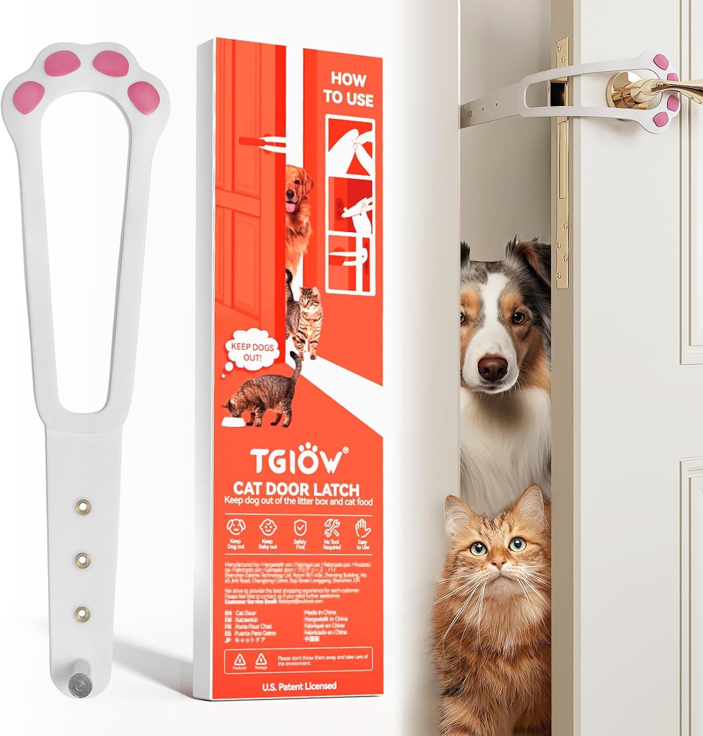 TGIOW Cat Door Latch, 1 Pcs Cat Door Stopper Pet Door Latch to Keep Dog Out of Litter Box and Food, Door Prop for Cat with 4 Adjustable Size Strap 2.2-5″ Wide, No Measuring, Easy to Install, White