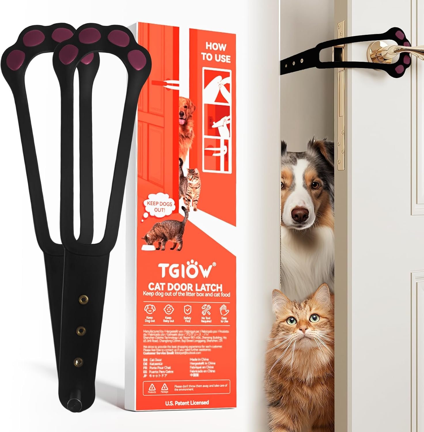TGIOW Cat Door Latch, 2 Pcs Cat Door Stopper Pet Door Latch to Keep Dog Out of Litter Box and Food, Door Prop for Cat with 4 Adjustable Size Strap 2.2-5″ Wide, No Measuring, Easy to Install, Black