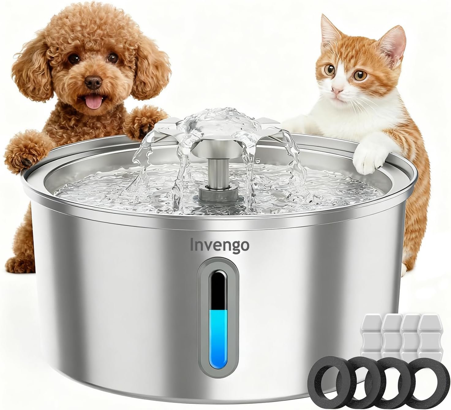 Cat Water Fountain Stainless Steel 3.2L/108oz, Invengo Automatic Pet Fountain for Cats & Dogs, Ultra Quiet