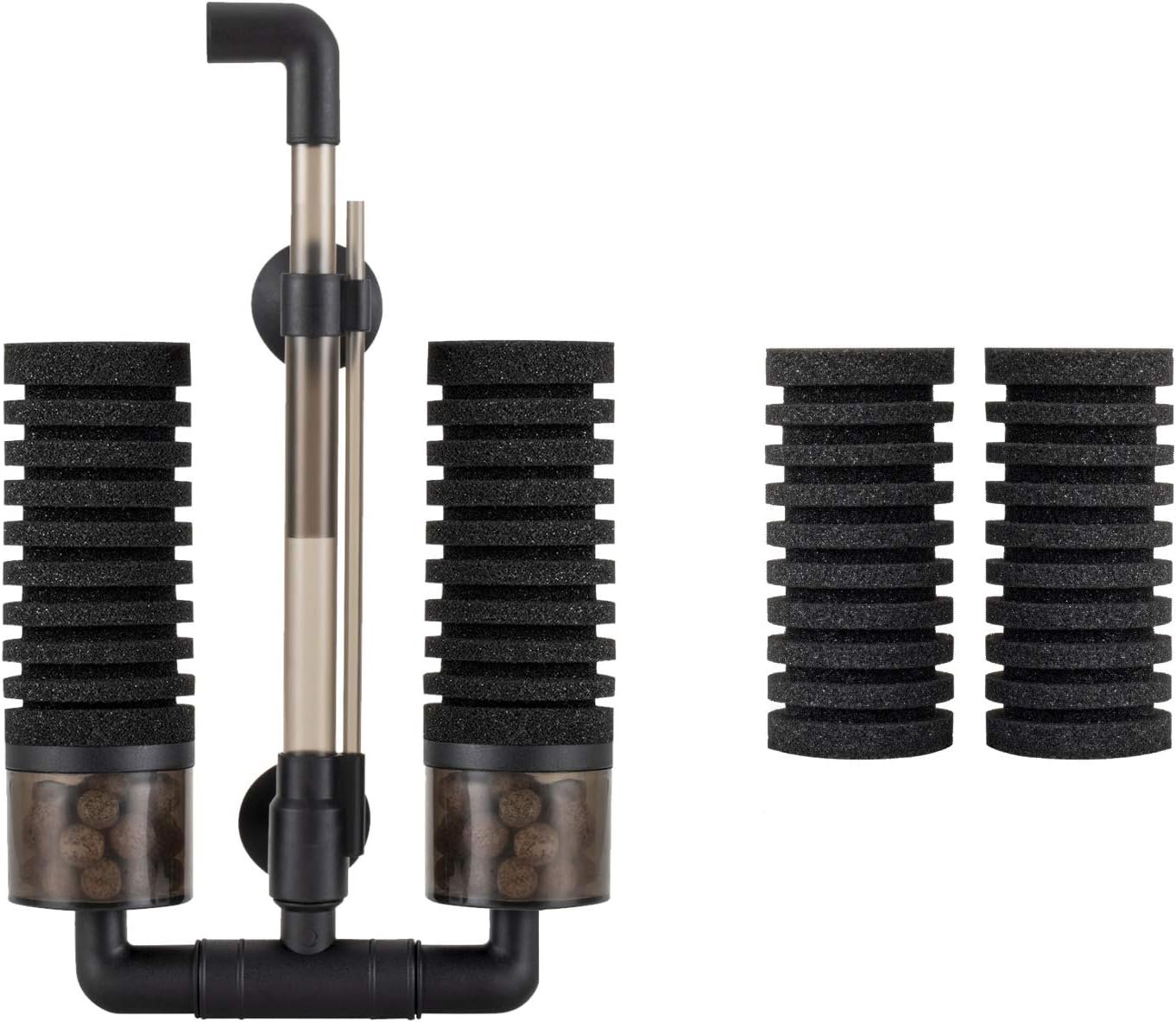 Hygger Aquarium Double Sponge Filter, Comes with 2 Spare Sponges, 1 Bag of Bio Ceramic Media Balls, Quiet Submersible Foam Filter for Fresh Water and Salt-Water Fish Tank (S)