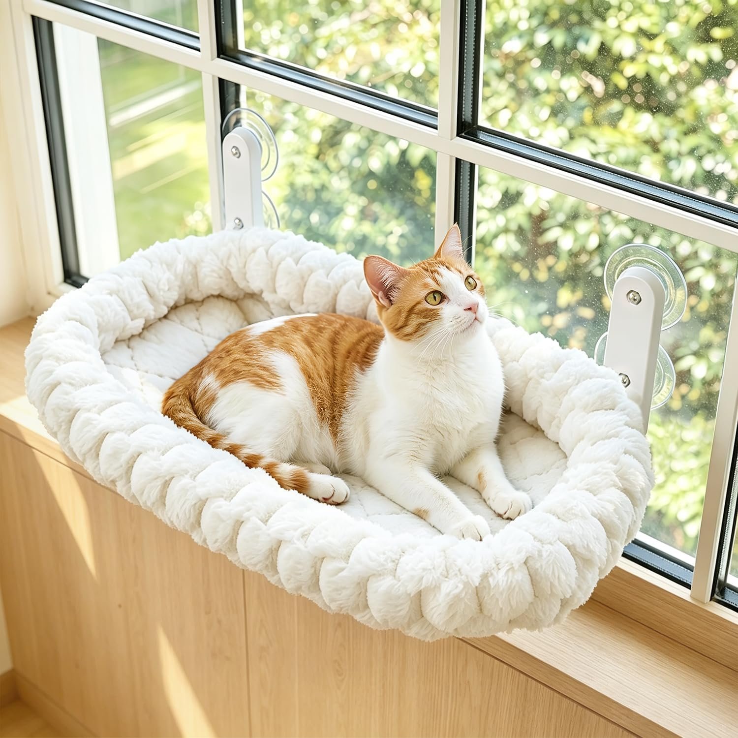 AMOSIJOY Foldable Cat Window Perch with Cloud-Soft Cushion Bed, L White