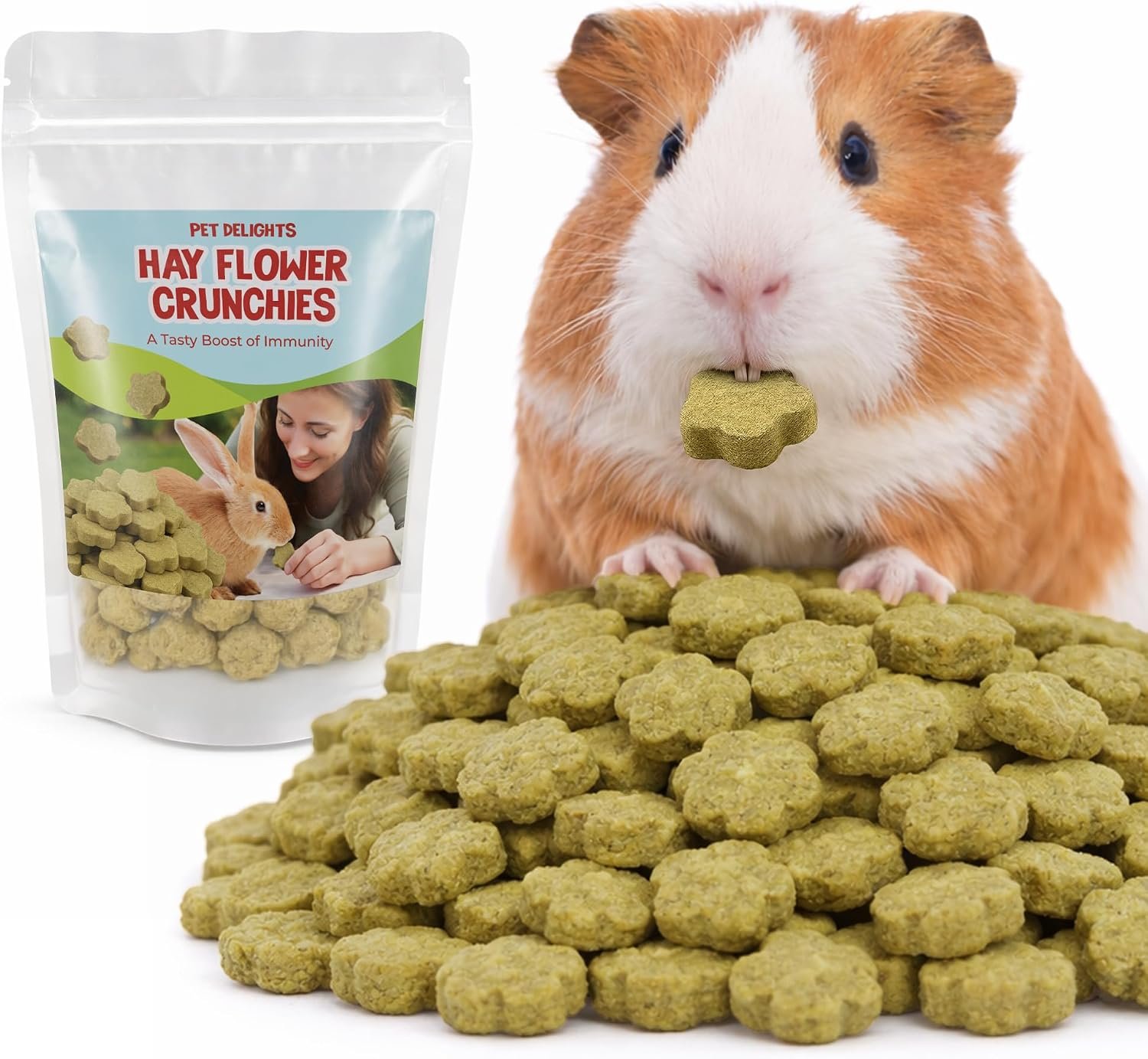 JOR Vitamin C Treats for Rabbits, Chewable Snack for Guinea Pigs, Chinchillas, Degus & Small Animals, Vitality & Digestive Support, Timothy Hay Flower Tablets with Flaxseed & Oat Flour, 4.2 Ounces