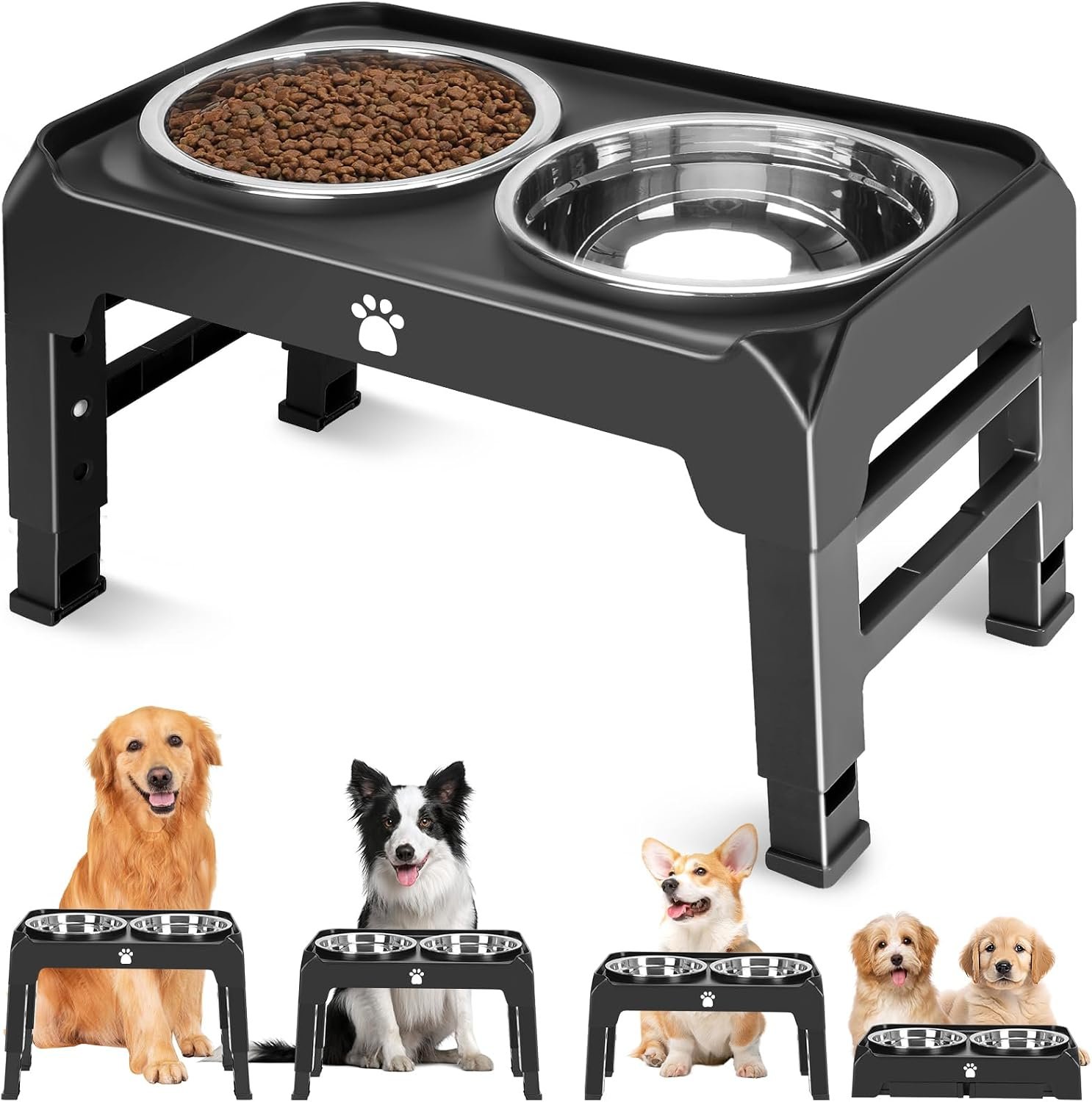 Elevated Bowls with Adjustable Heights – Raised Stand with 2 Stainless Steel Food Bowls, Non-Slip Foldable Feeder for Medium Large Dogs, Adjusts to 12.36″, 10.75″, 9.2″, 3.7″, Black