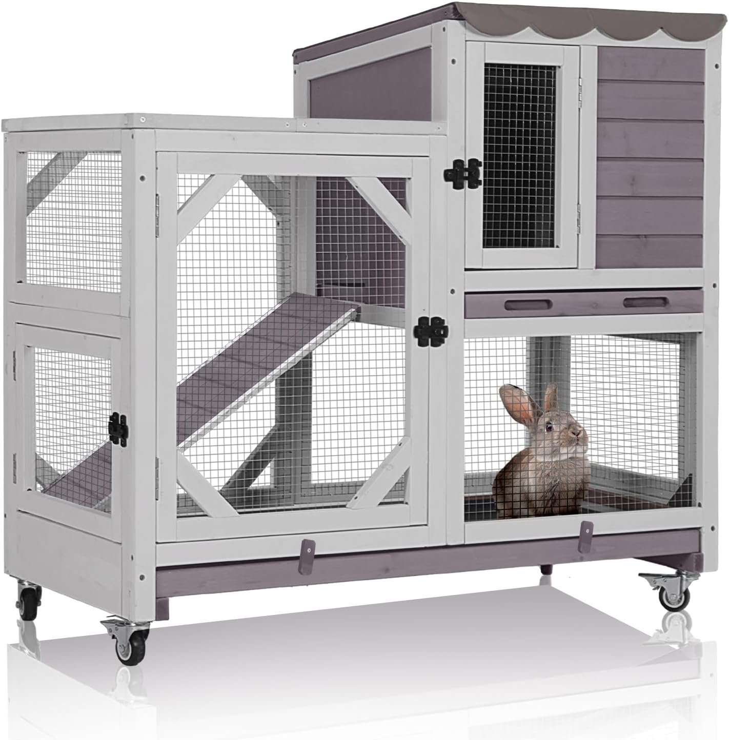 GUTINNEEN 2-Story Rabbit Hutch Indoor Bunny Cage Outdoor Guinea Pig House Wooden Small Animal Cage with Chew-Proof Ramp, Leak-Proof Tray, Lockable Wheels for 2-4 Rabbits, Guinea Pigs (Grey)