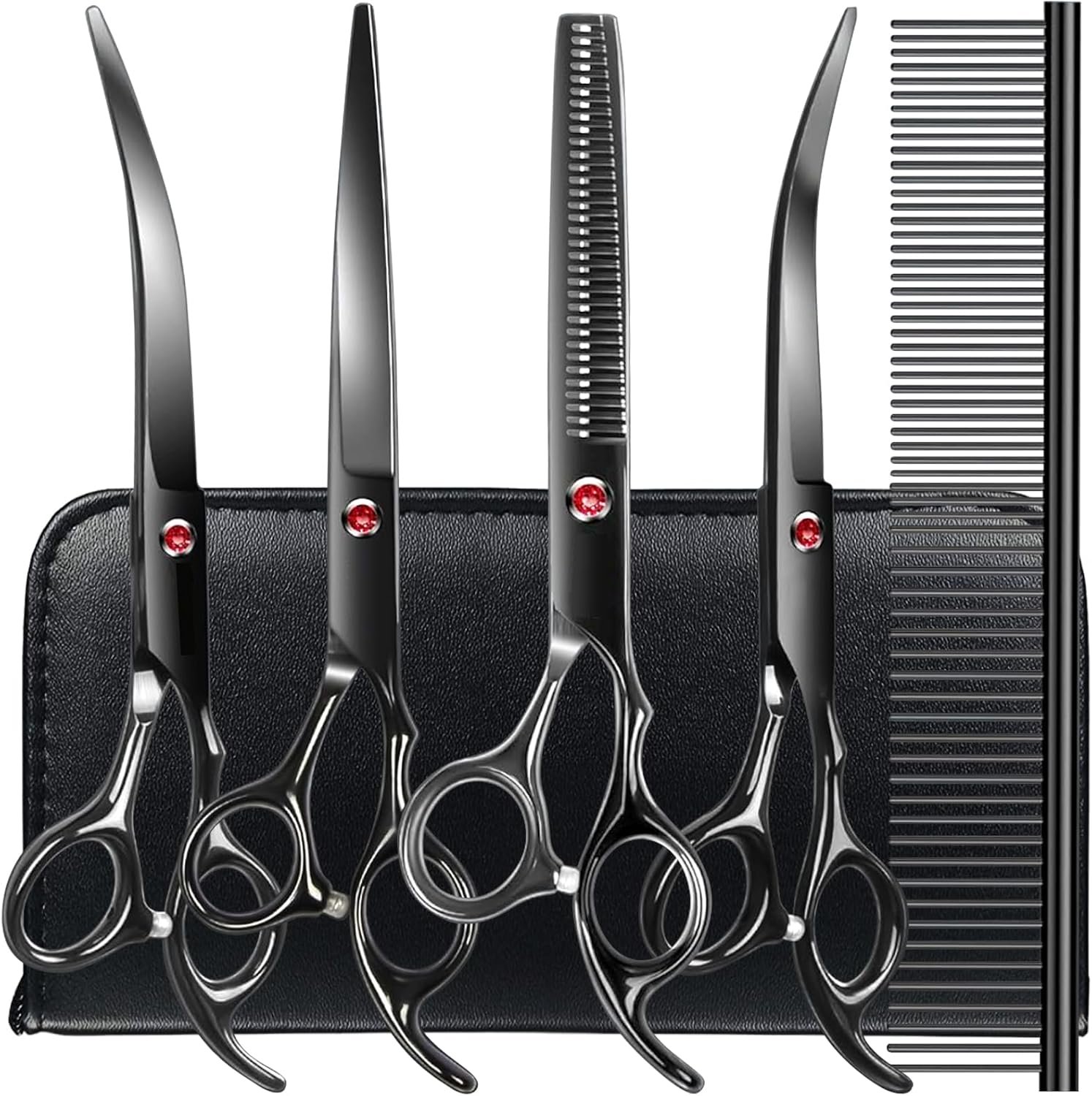 TINMARDA Dog Grooming Kit, Titanium Black Stainless Steel Dog Grooming Scissors with Curved Shears, Black Finger Rings – 5 Piece Sharp Durable Pet Shears for Dogs Cats At Home Salon-Quality Grooming