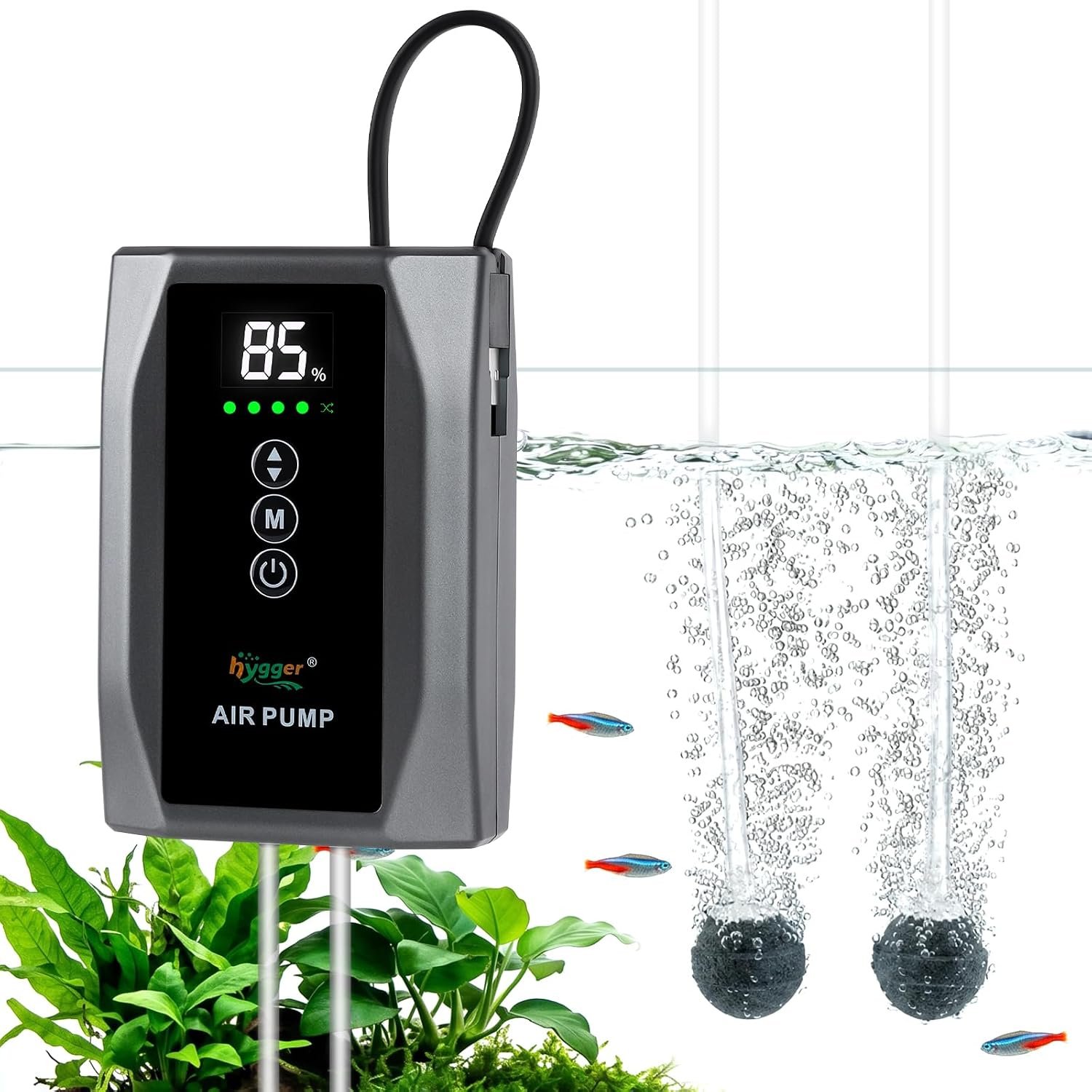 hygger Battery Powered Aquarium Air Pump up to 100 Gal with Digital Display, Quiet Fish Tank Aerator & Bubbler, USB Rechargeable Portable with Adjustable Flow for Aquarium, Bait Bucket & Emergency