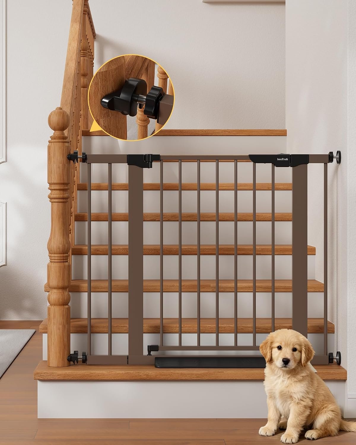 InnoTruth 27-36.6 in Wide Baby Gate for Stairs and Doorways, Brown