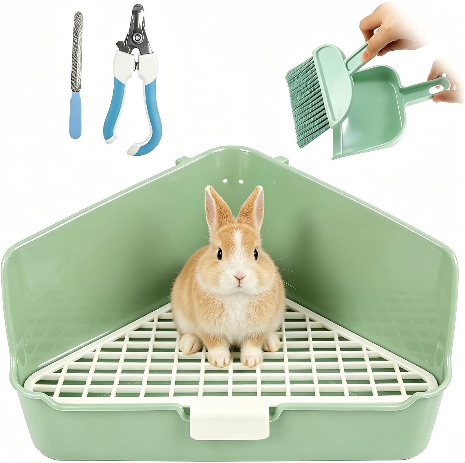 Large Rabbit Litter Box 10″ x 10″ x 7″ with Broom & Grooming Kit, Low-Entry Corner Toilet Pan for Potty Training Rabbits Bunny Guinea Pigs Ferrets (Green)