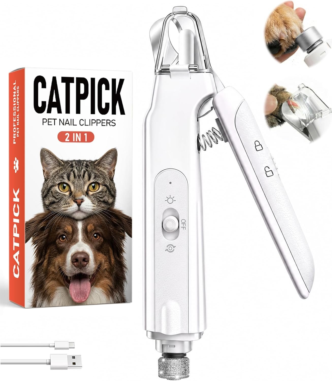 2-in-1 Dog Nail Clippers ＆ Grinder: Rechargeable Pet Trimmer with LED Light
