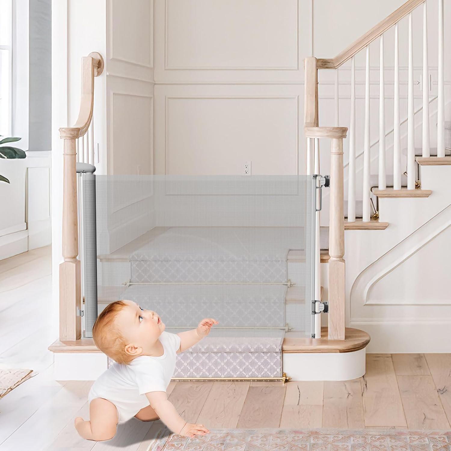 Retractable Baby Gates for Stairs Doorways Hallways, Soft Mesh Safety Retractable Dog Gate for Pet, Indoor Or Outdoor Use, Easy Installation,33.6″ Tall,Expands to 55″ Wide,Grey
