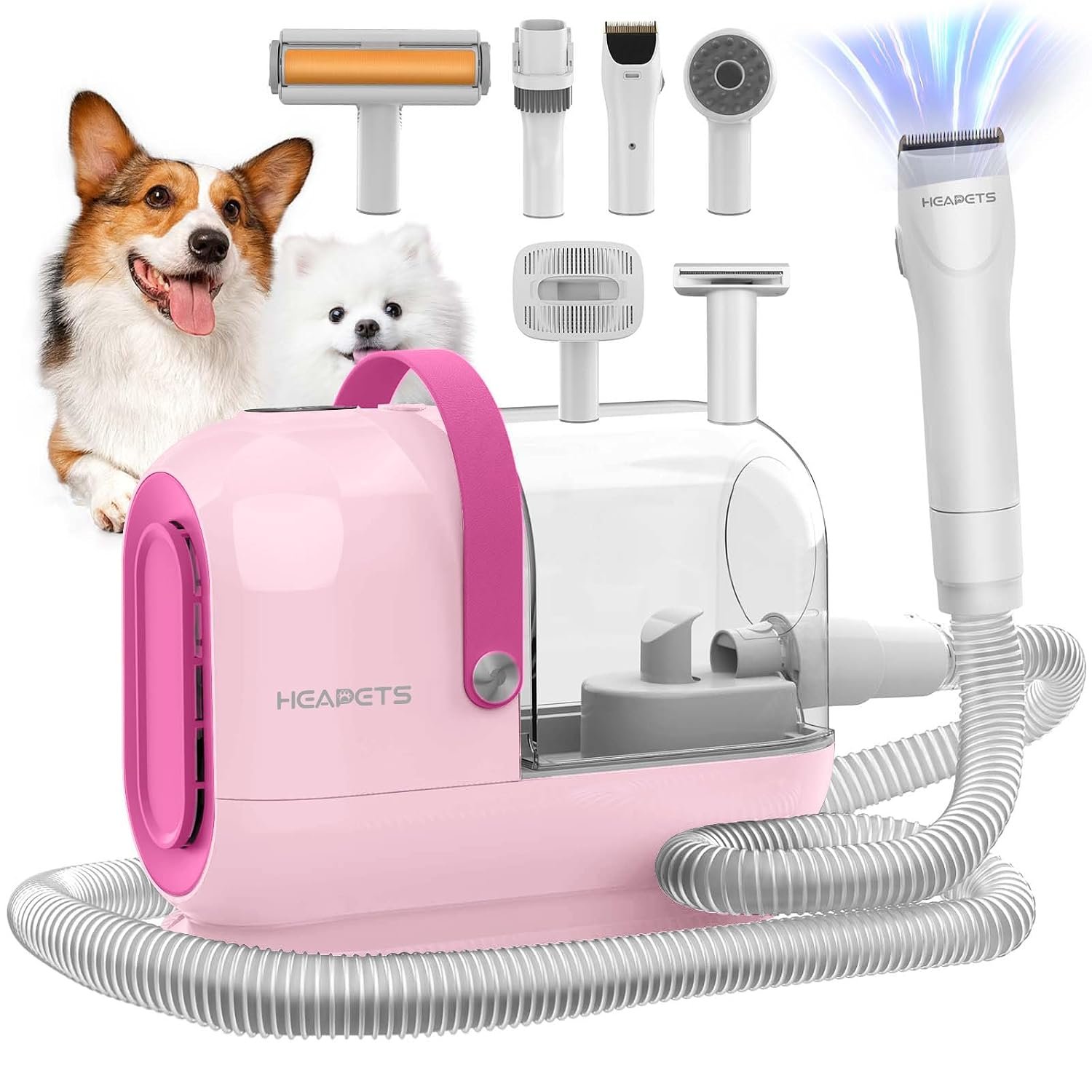 HEAPETS Dog Grooming Vacuum Kit – 3L Vacuum with 7 Tools, Low Noise Electric Clipper and Brush for Pet Shedding at Home, Pink