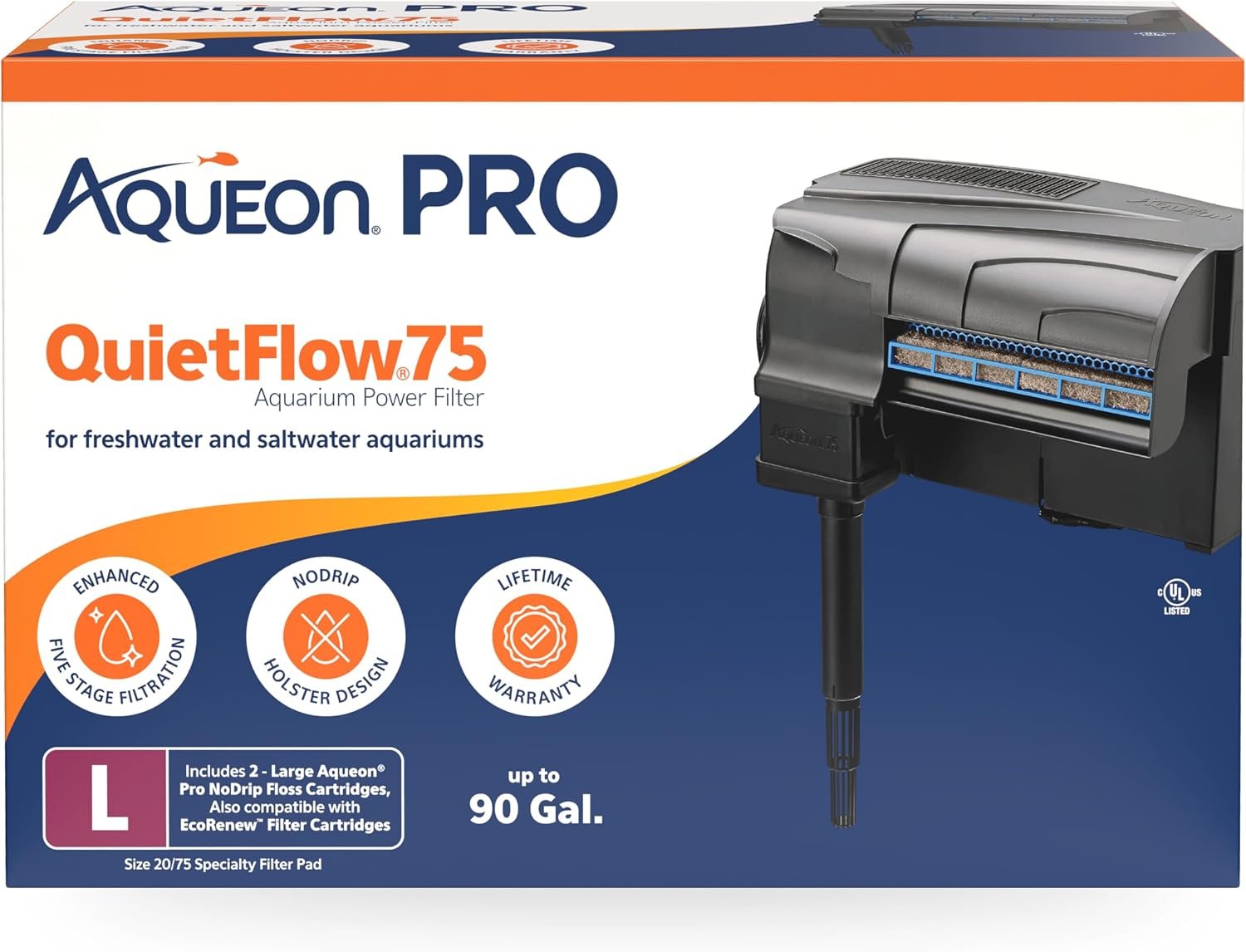 Aqueon PRO QuietFlow Aquarium Power Filter Size 75, Up to 90 Gallons