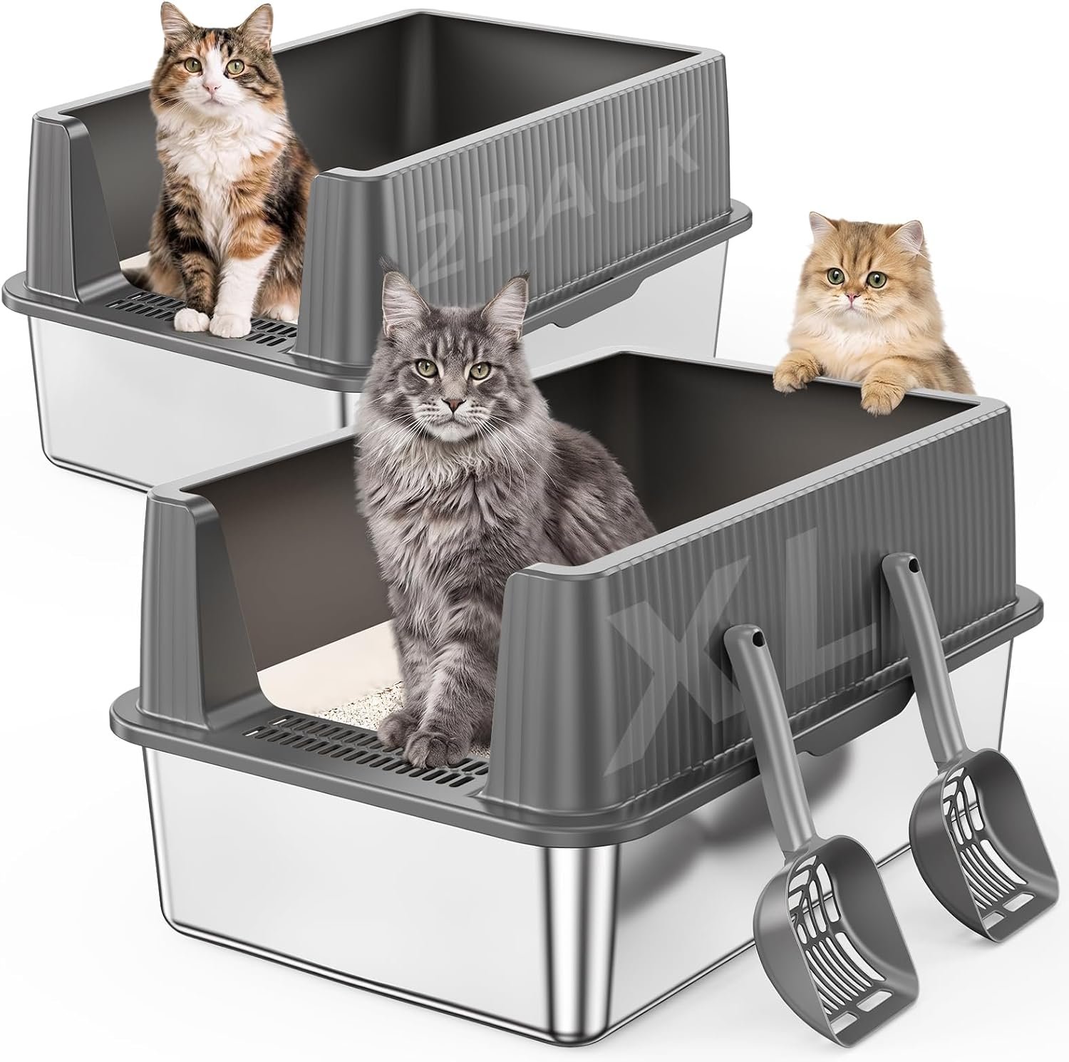 Stainless Steel Cat Litter Box with High Sides Lid,2 Pack XL Extra Large Metal Kitty Litter Pan, Non-Stick and Odor Free, Open Top Low Entry Design, Includes Scoop, Leakproof, Easy Clean,Grey