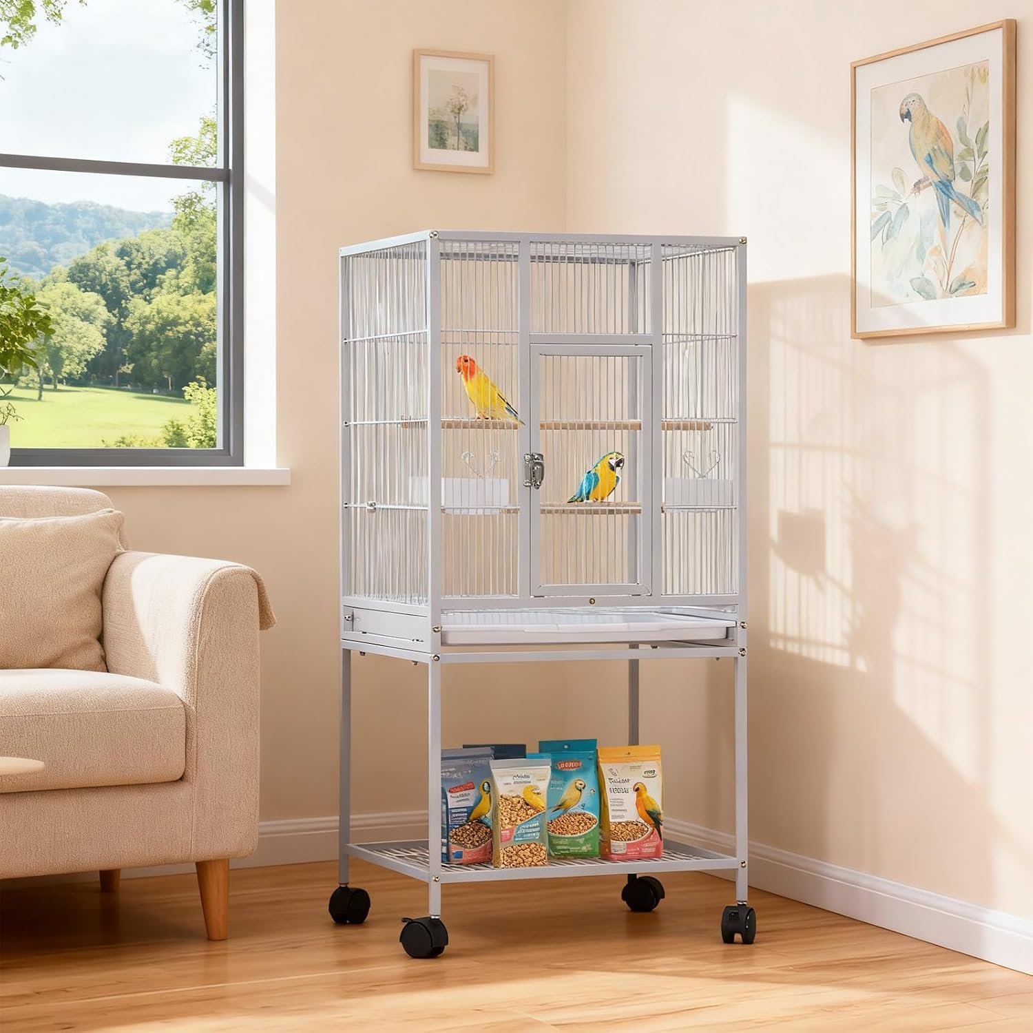 41 Inch Large Bird Cage with Rolling Stand Storage Shelf Slide Out Tray Feed Bowls, Spacious Parrot Cage for Parakeets Conures Cockatiels Cockatoos