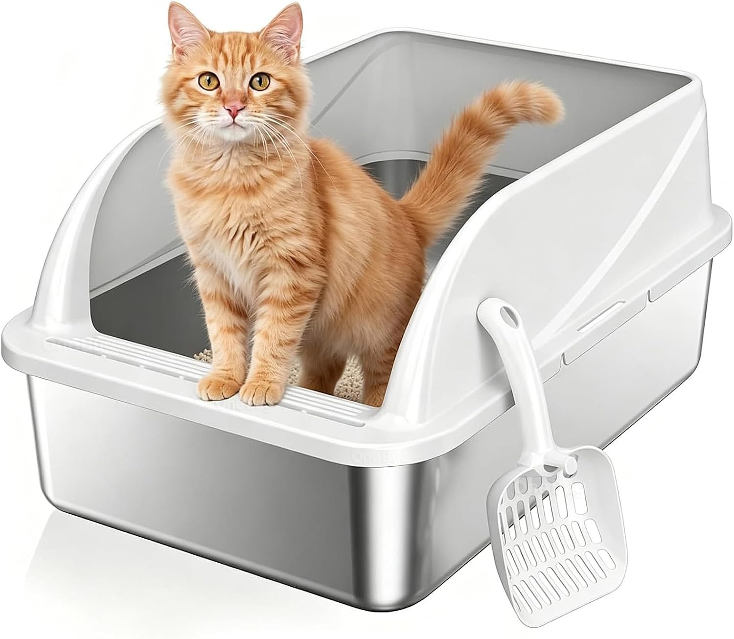 Stainless Steel High-Sided Cat Litter Box with Scoop – Medium,Gray