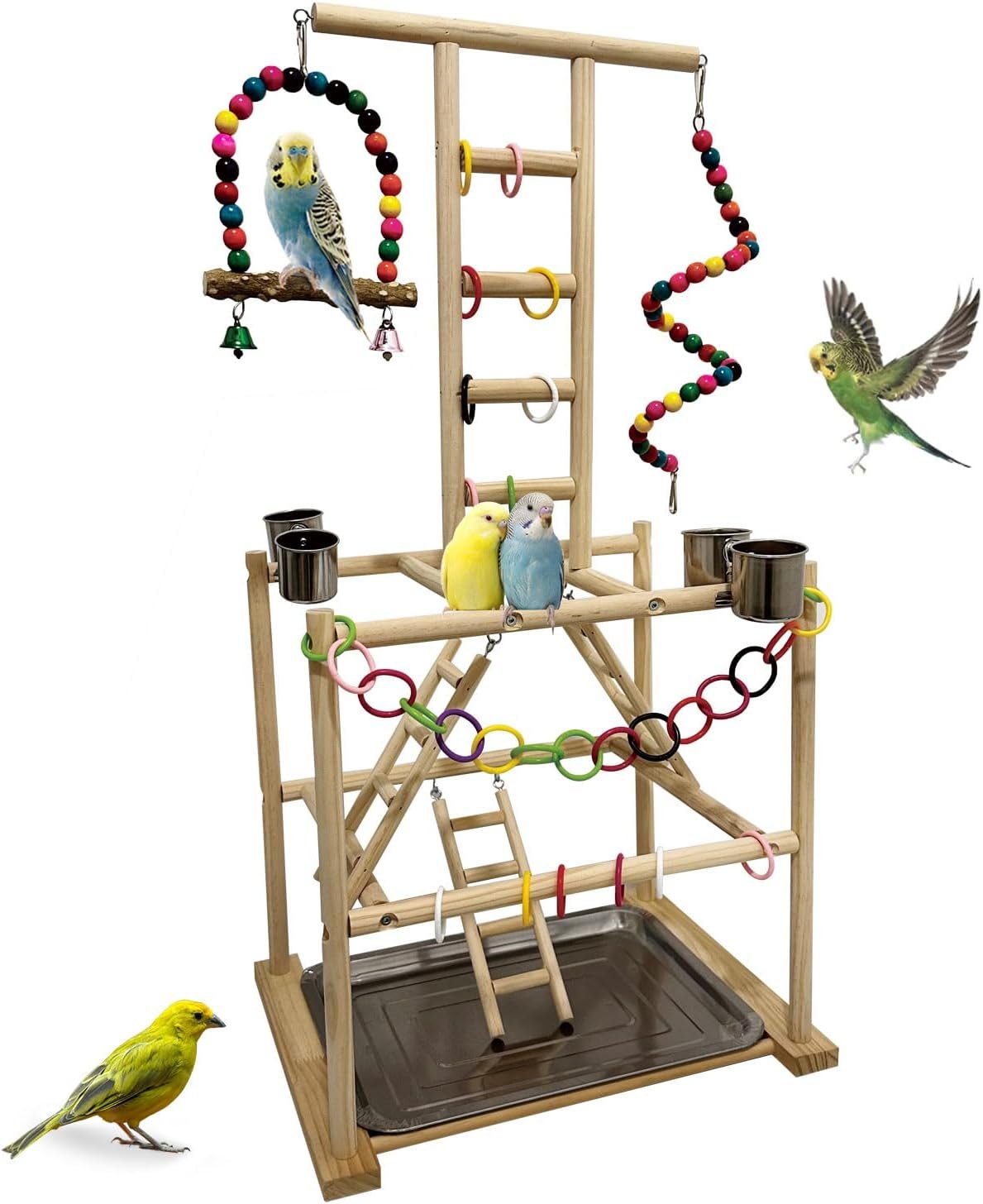 Bird Play Stand, Large Parakeet Playground, Natural Wood Parrot Perch Stand, Birds Play Gym Cockatoos Cage Accessories with Feeder Cups Swings for Cockatiel Budgie Conure
