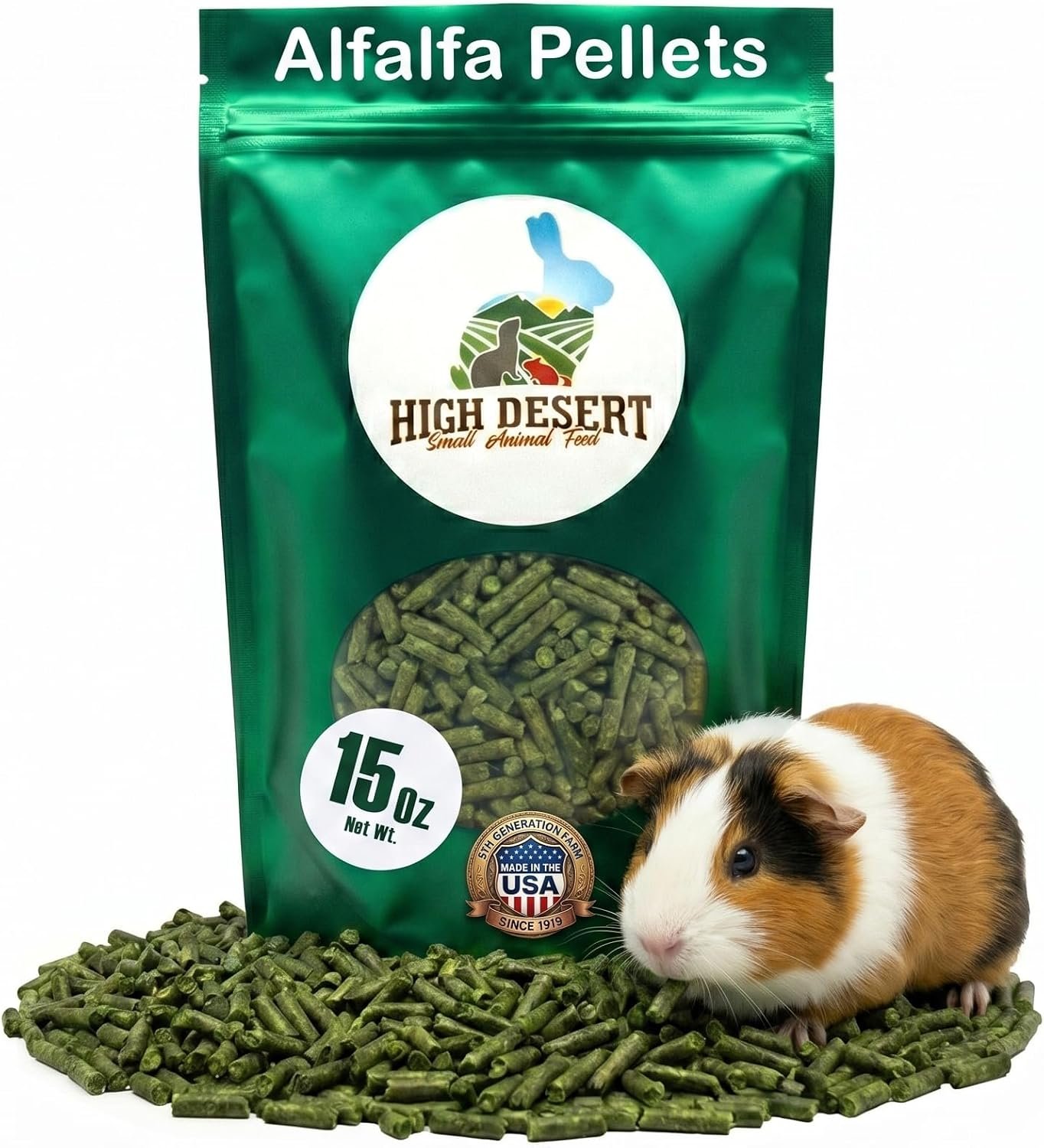 High Desert Delight Alfalfa Pellets for Young Rabbits, Guinea Pigs, 15 oz