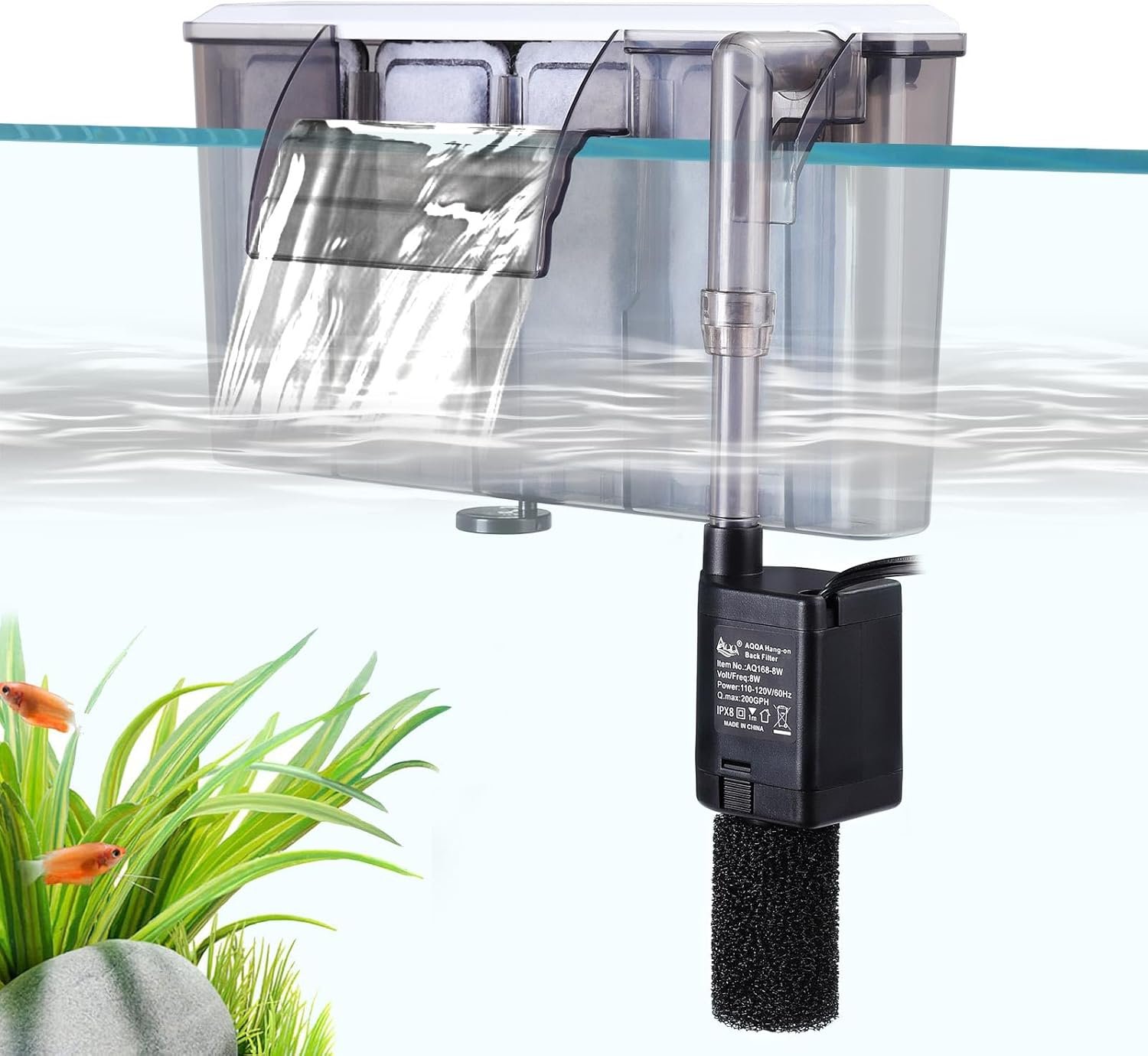 AQQA Quiet Hang on Back Aquarium Filter for 30-50 Gallon,Adjustable Flow