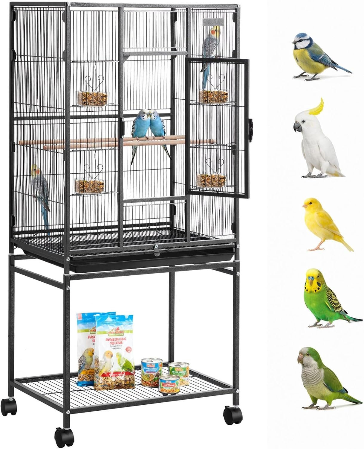 VEVOR Bird Cage, 24.6 x 16.7 x 53.9 inch, Flat Top, Wrought Iron Bird Flight Cage with Perches, Slide-Out Tray and Plastic Feeders, Casters, for Parrot, Blue Tit, Cockatiel, Canary, Budgerigar, Conure