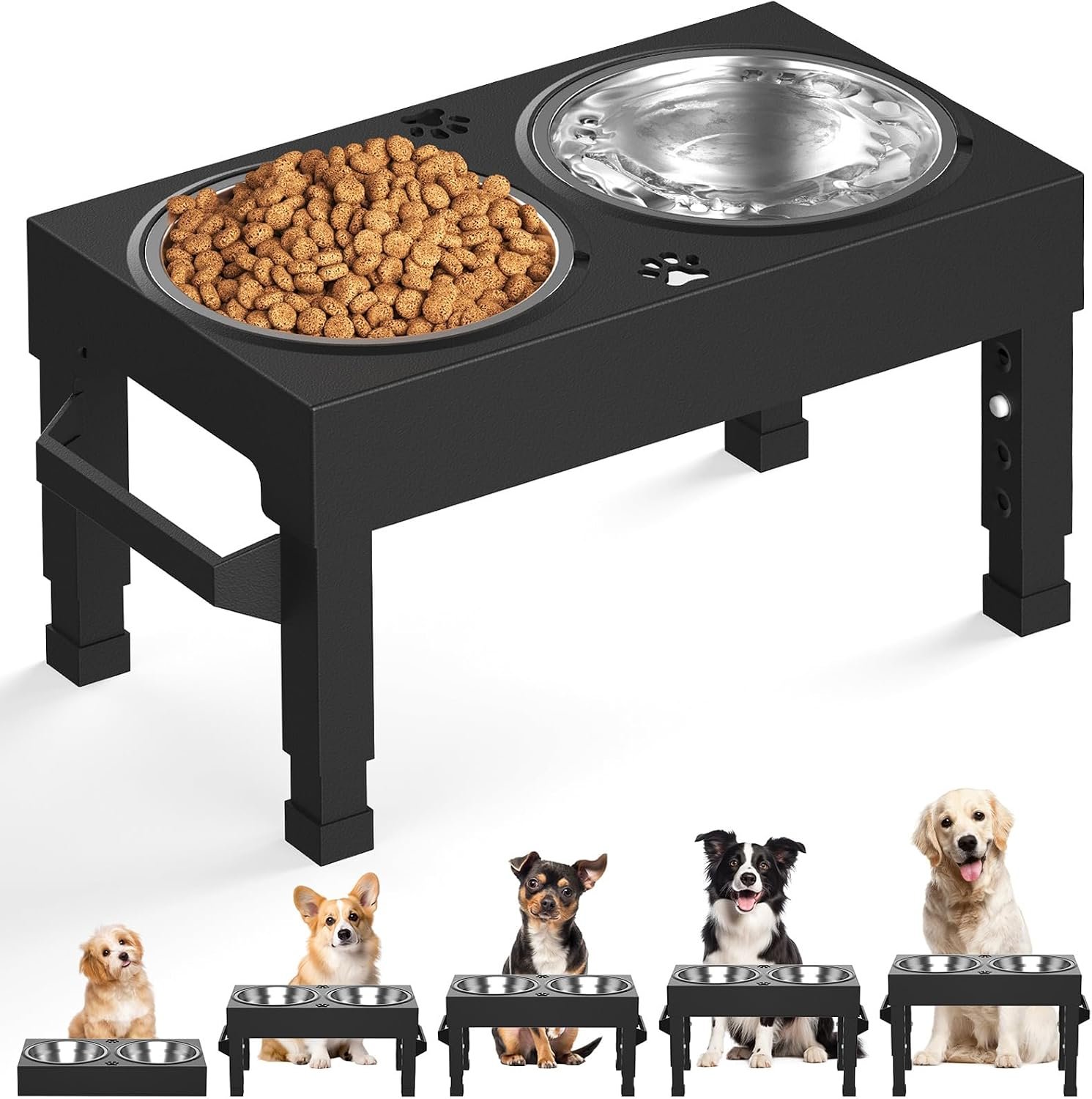 Elevated Dog Bowls, 4 Height Adjustable Raised Bowl Stand with 2 Stainless Steel 7″ Food Feeder Bowls for Small Medium and Large Dogs （Plastic）