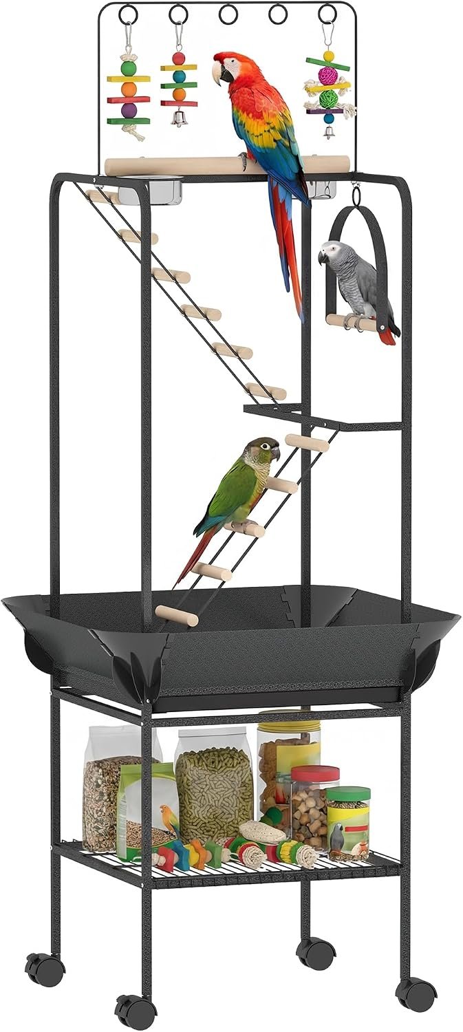 PawHut 64″ H Rolling Bird Stand Parrot Playstand with Seed Guard & Wheels
