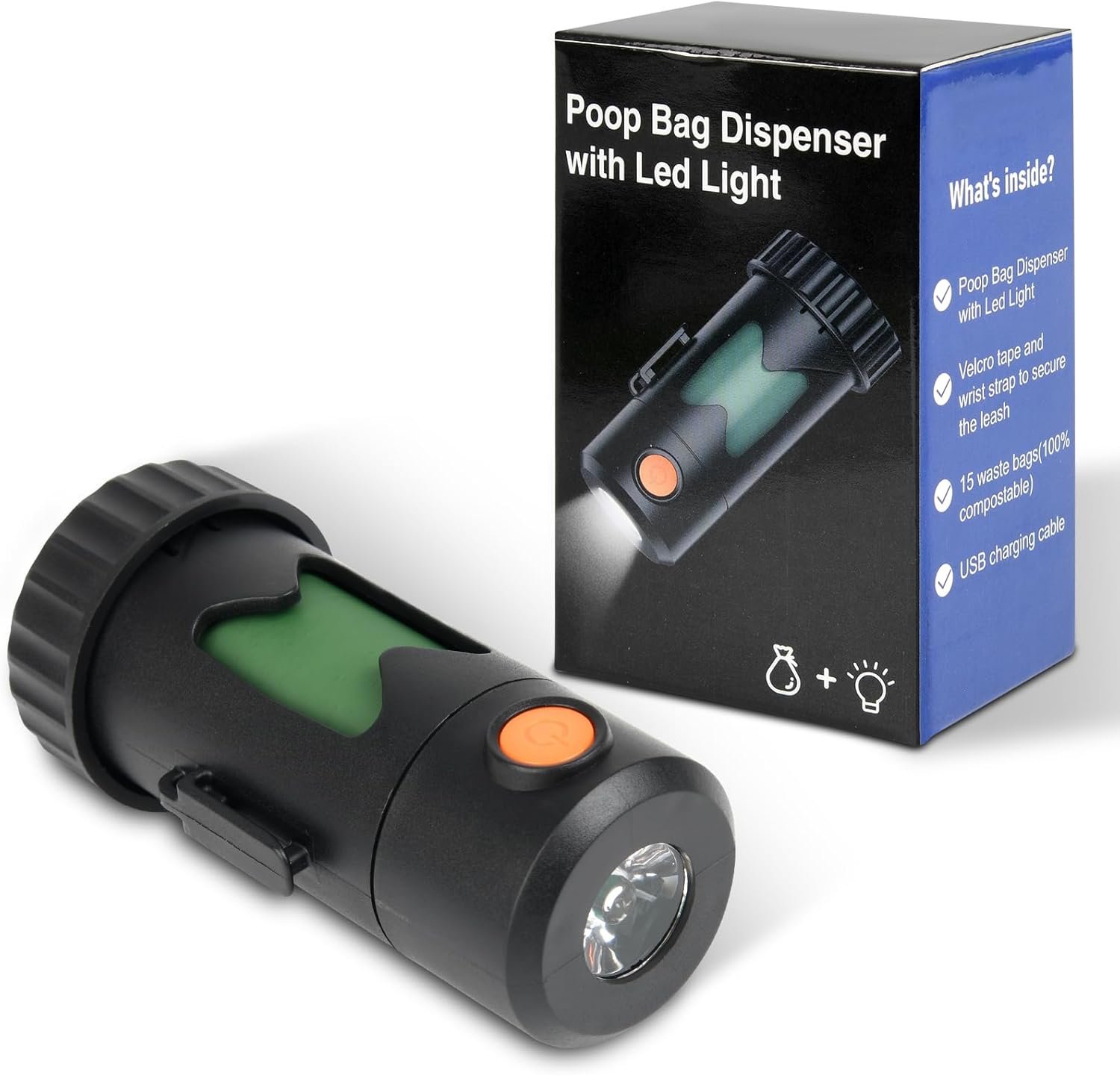 Pet Fit For Life Dog Poop Bag Dispenser with LED Light and USB Rechargeable Flashlight, Portable Puppy Waste Bag Holder with Leash Attachment & Velcro Wrist Strap, Perfect for Walks & Camping – Black