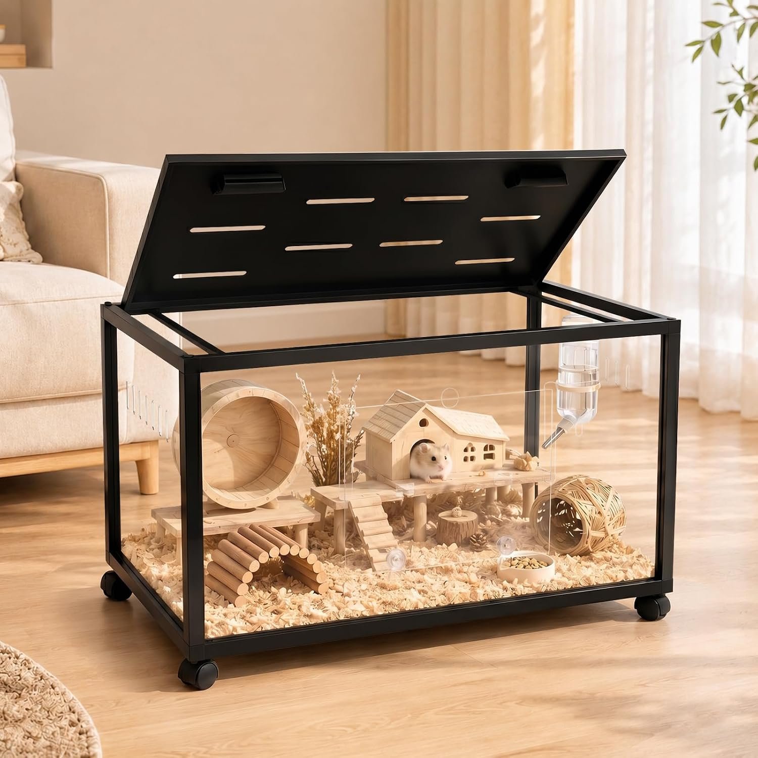 Large Acrylic Metal Hamster Cage 3.0, Small Animal Habitat 32 * 16 * 16IN Metal Hamster Cage Easy-Clean 360° Viewing, Stackable, Top Access for Dwarf Hamsters, Syrian Hamsters, Gerbils, Mice