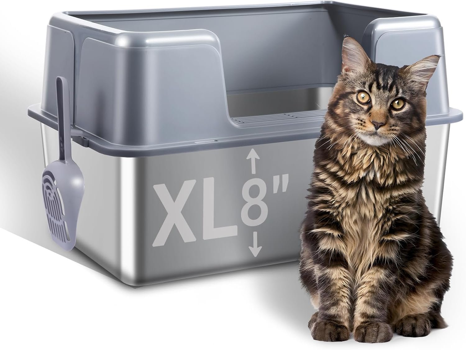 Stainless Steel Cat Litter Box with Lid, 23.7″ L x 15.8″ W x 13.8″ H XL Metal Kitty Litter Box for Big Cats, High Sided Enclosure, Non-Sticky, Anti Urine Leakage, Easy Cleaning