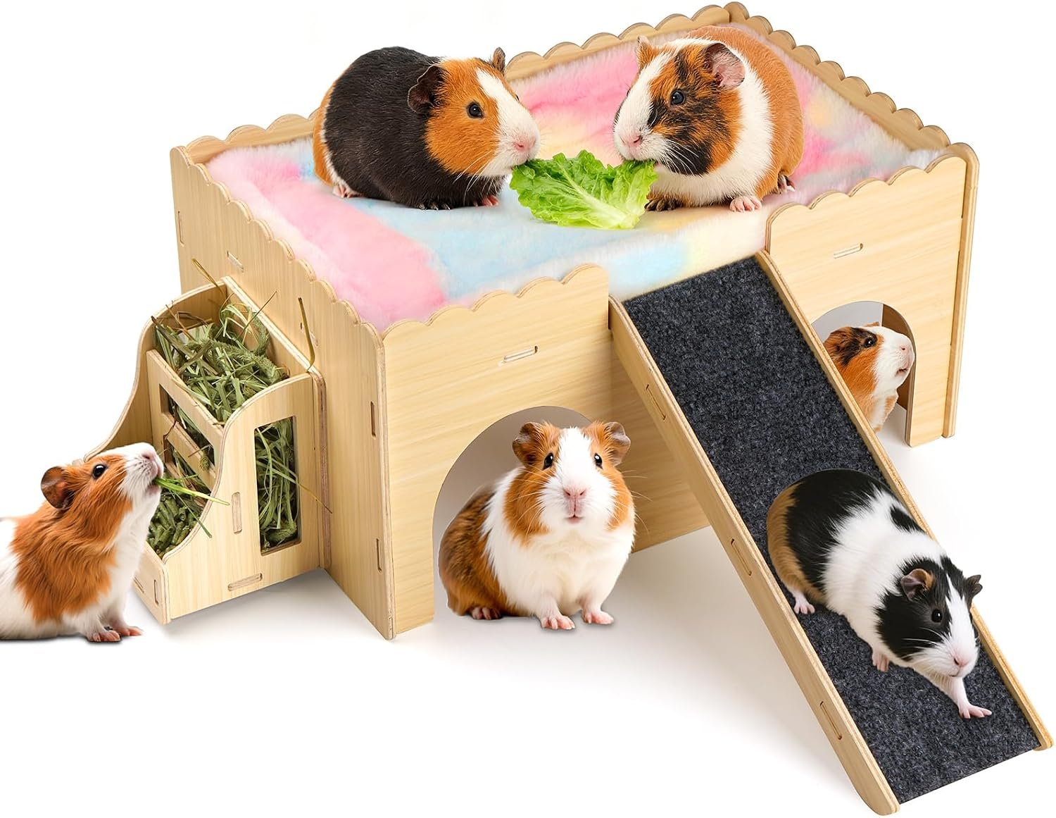 Large Guinea Pig Wooden Hideout with Detachable Snack Hay Feeder, Guinea Pig Castle with Plush Cushion and Ramp – Easy Assembly House for Play, Sleep & Exploration