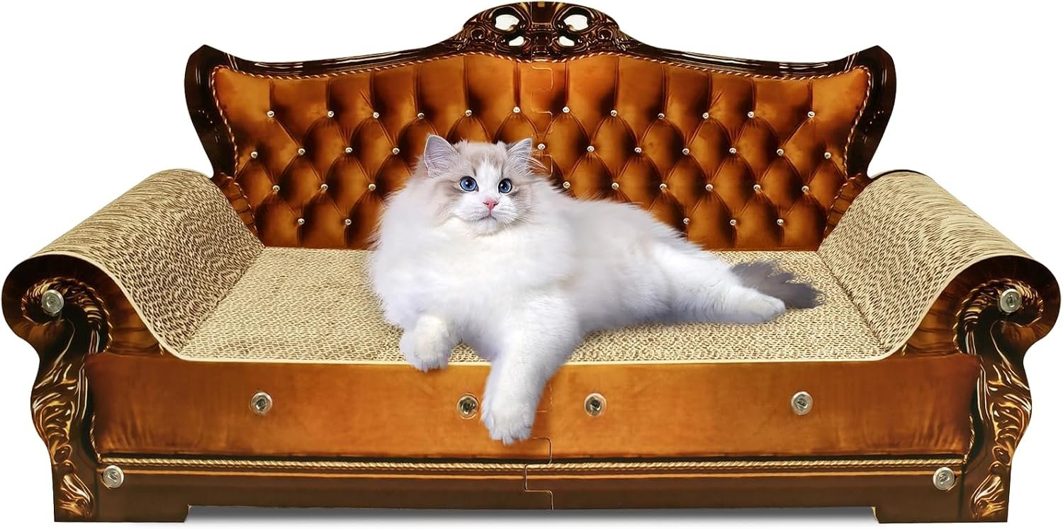 Luxury Cardboard Cat Scratcher Sofa Bed, Couch Shaped Scratching Board, Scratch Lounge with Catnip, Cat Scratcher for Indoor Cats Large Brown