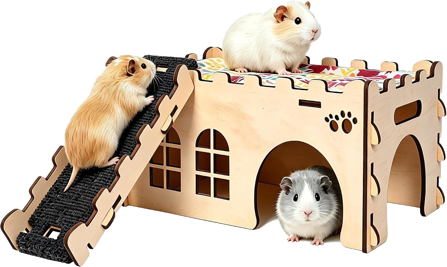 2-Tier Wooden Guinea Pig Hideout Castle Bed w/Ramp Paint-Free Easy Assembly