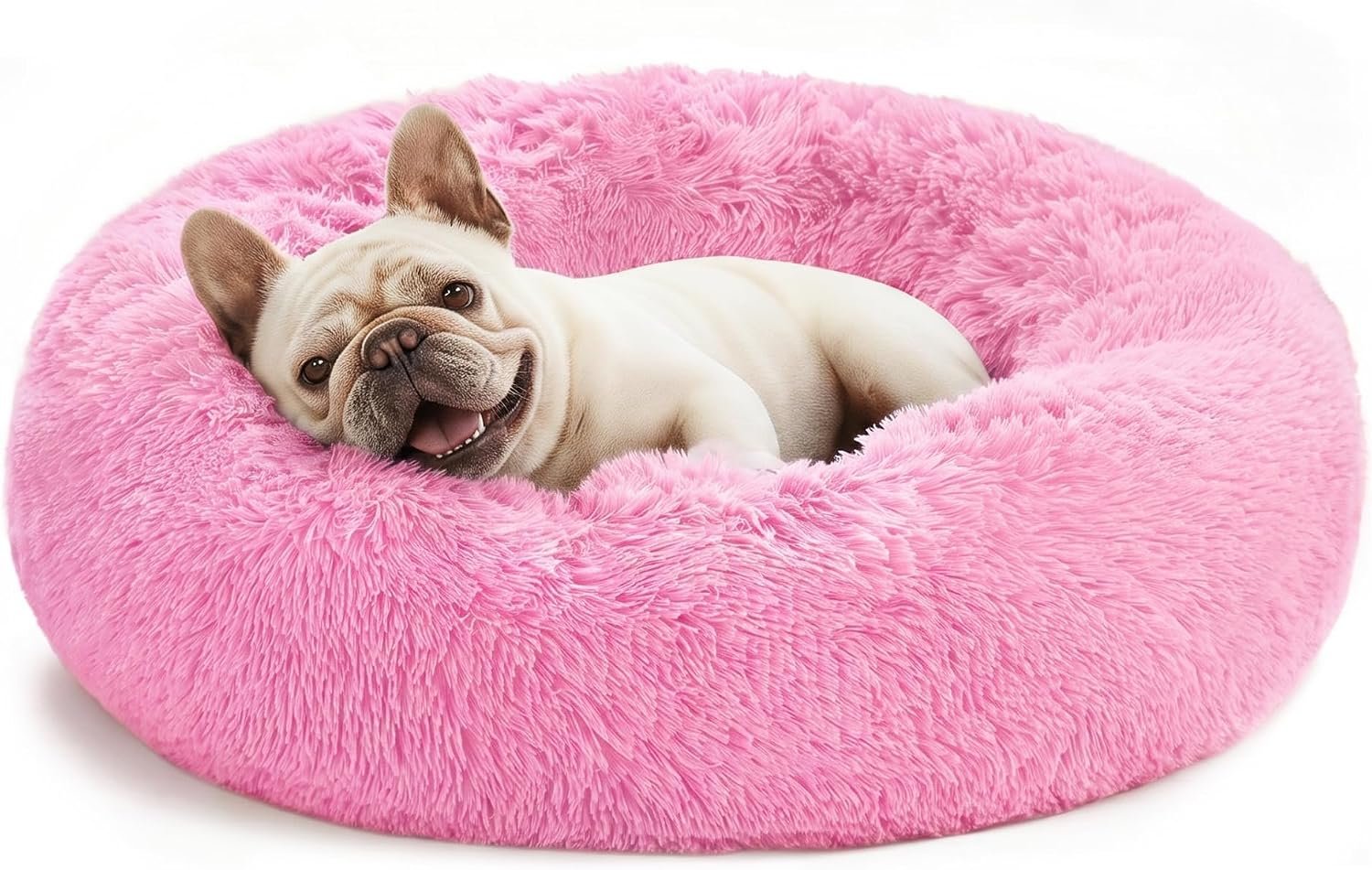 Love’s cabin Calming Cat Bed for Indoor Cats, Anti-Anxiety Donut Round Dog Bed, Fluffy Faux Fur Washable Pet Bed for Small Medium Dogs and Cats, Pink, 20in