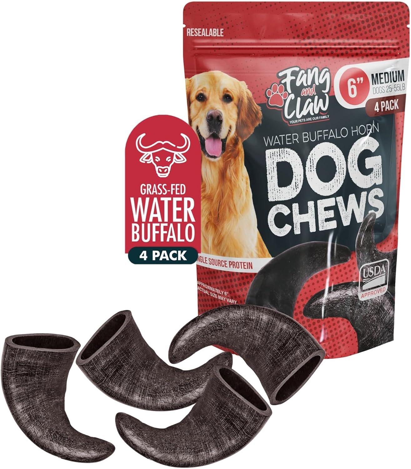 Water Buffalo Horn Dog Chew 4 Pack (Medium 6 Inch), Long-Lasting Natural Chews for Aggressive Chewers, Single-Ingredient, No Rawhide