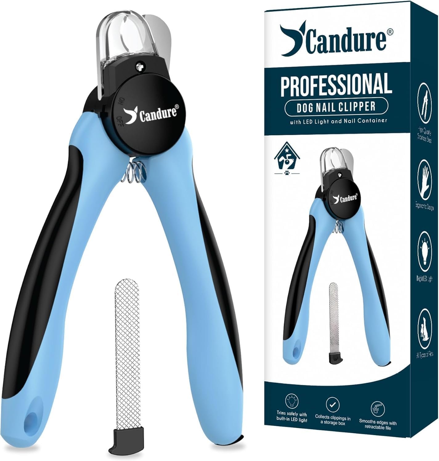 Candure LED Dog Nail Clippers with Light – Pet Nail Clippers with Light for Dogs & Cats, Sharp Stainless Steel Blades for Thick Nails, Safe Grooming Trimmer with Nail File (Sky Blue)