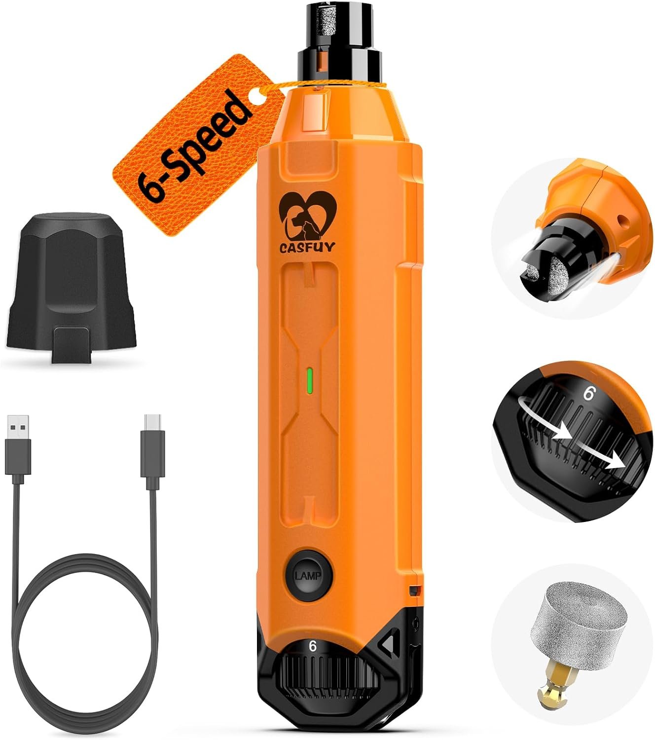 Casfuy 6-Speed Dog Nail Grinder – Newest Enhanced Pet Nail Grinder Super Quiet Rechargeable Electric Dog Nail Trimmer Painless Paws Grooming & Smoothing Tool for Large Medium Small Dogs (Orange)