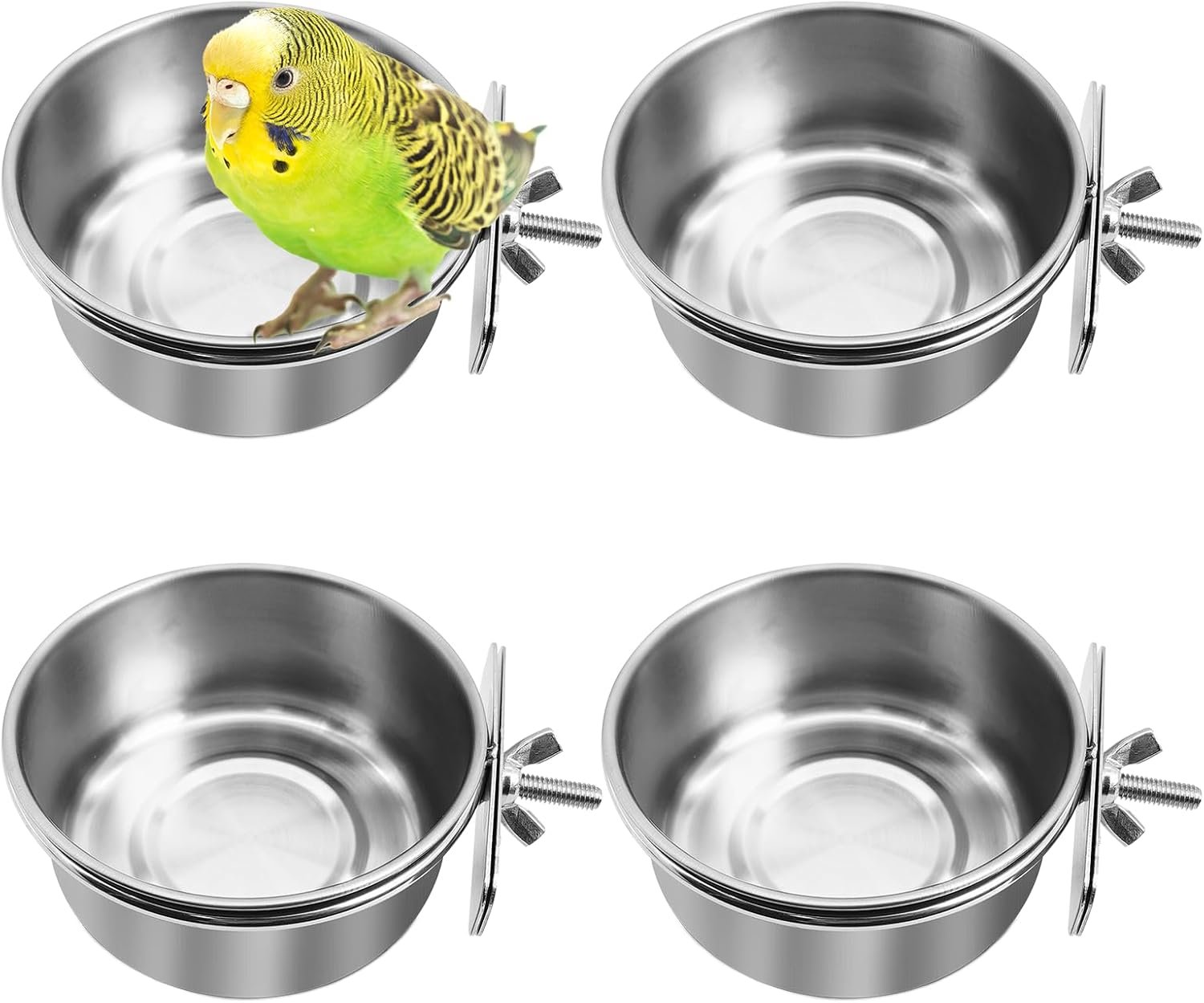 kathson 4 Pack Stainless Steel Bird Bowls, Parrot Feeding Dish Cups with Clamp Holder Bird Feeders Water Cage Bowl for Parakeet Cockatiels Conure Budgies Lovebird Finch and Small Animals