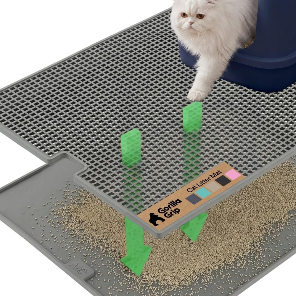 GORILLA GRIP Cat Litter Mat, Dual Layer Silicone Tray, 30×24, Gray
