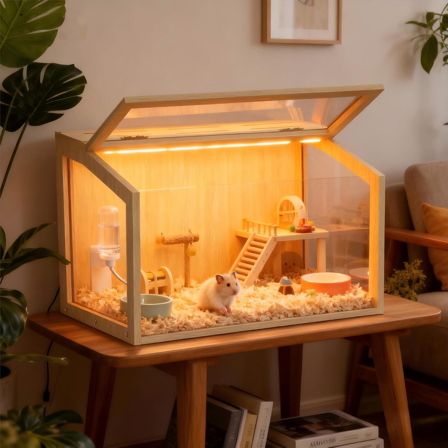 Hamster Cage: 24inch Wooden Small Animal Cage with Warm Light