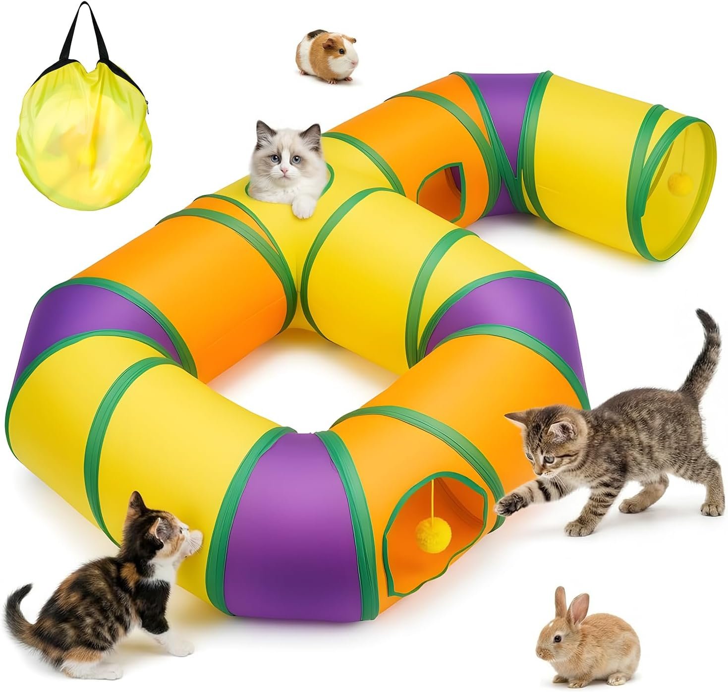 Cat Tunnel for Indoor Cats 6-Shaped, Collapsible Cat Playhouse Pet Play Tunnel Tube Maze with Hanging Pom-Poms and Interactive Hole for Kitten, Kitty, Puppy, Rabbits, Ferret, Guinea Pig