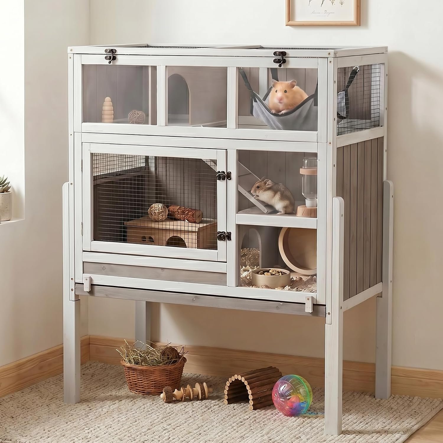 3-Story Guinea Pig Cage with Stand, Wooden Indoor Habitat