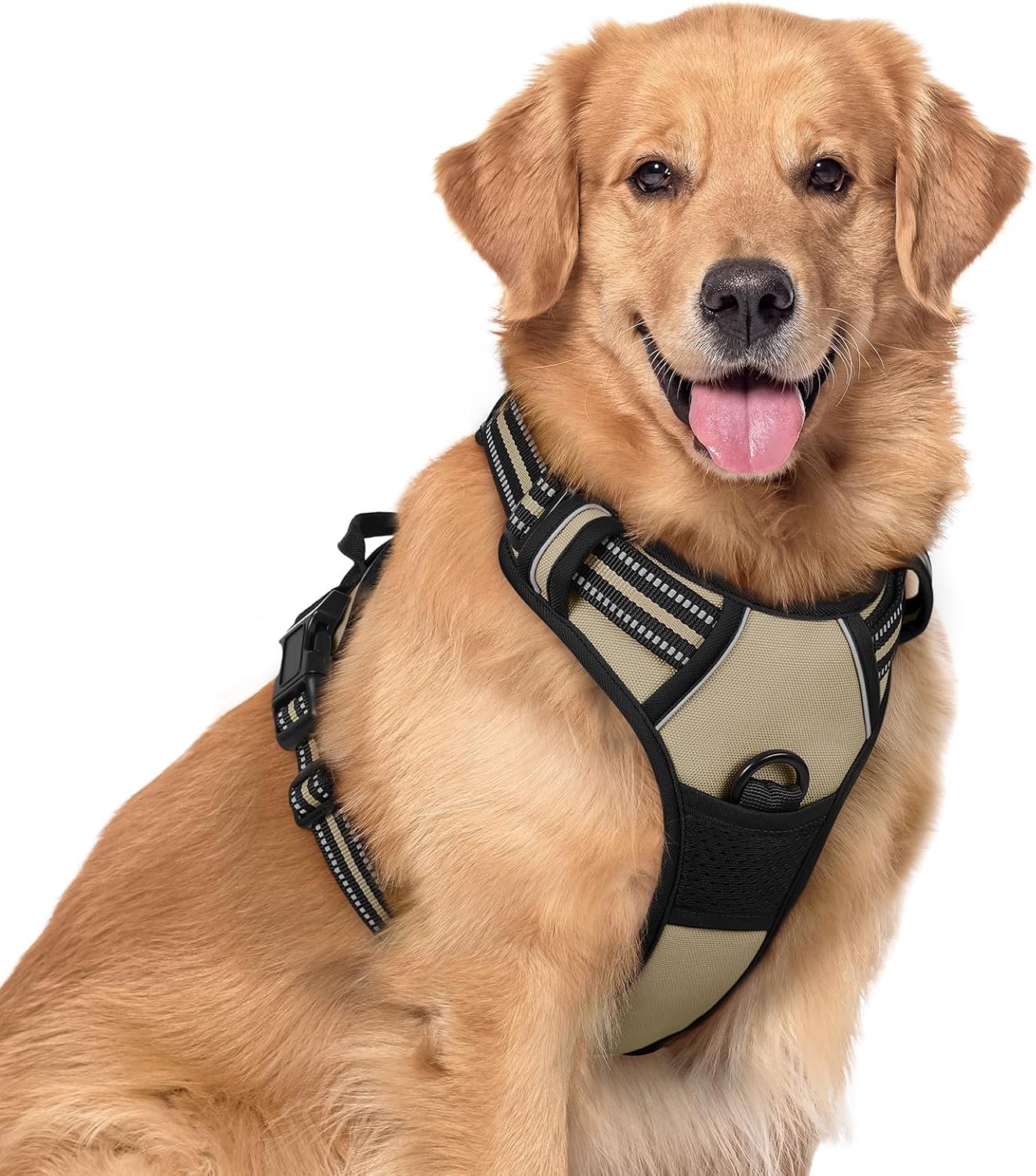rabbitgoo Dog Harness No Pull with 2 Leash Clips, Adjustable Soft Padded, Reflective Oxford No Choke Pet Vest with Easy Control Handle for Large Dogs, Beige, XL