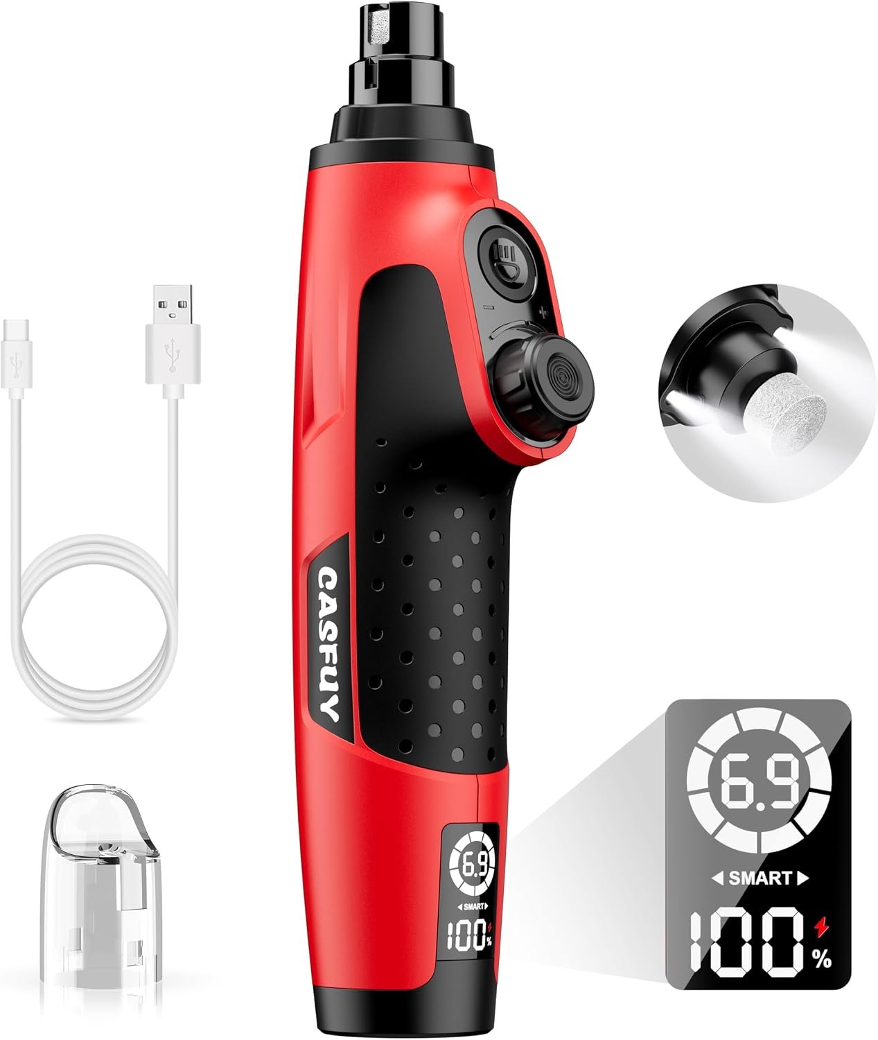 Casfuy Smart 6-Speed Dog Nail Grinder with LED Lights Safe for All Dogs Cat