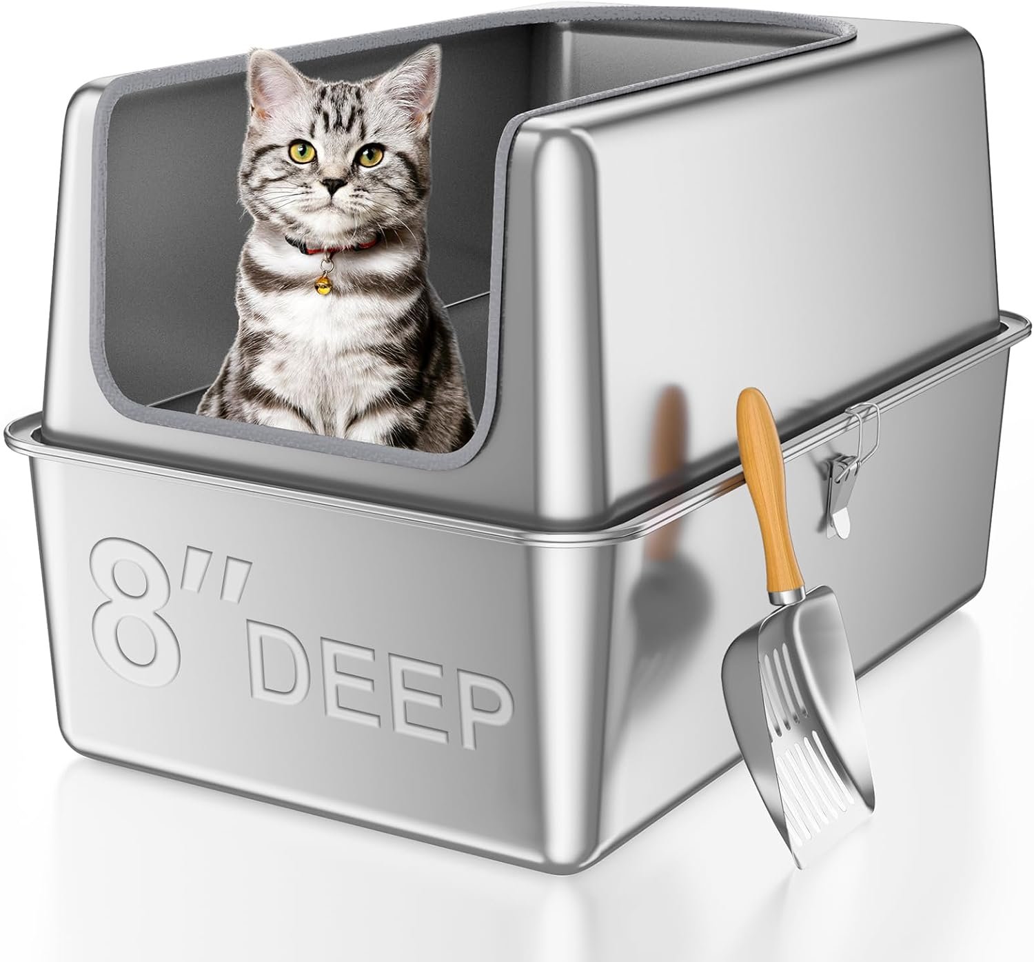 16” High Sides XXXL All Stainless Steel Cat Litter Box with Lid,8” Deep Metal Litter Box for Big Cats,Extra Large Litter Boxes with High Wall Enclosure,Anti-Leakage,Never Absorbs Odors,Non-Sticky