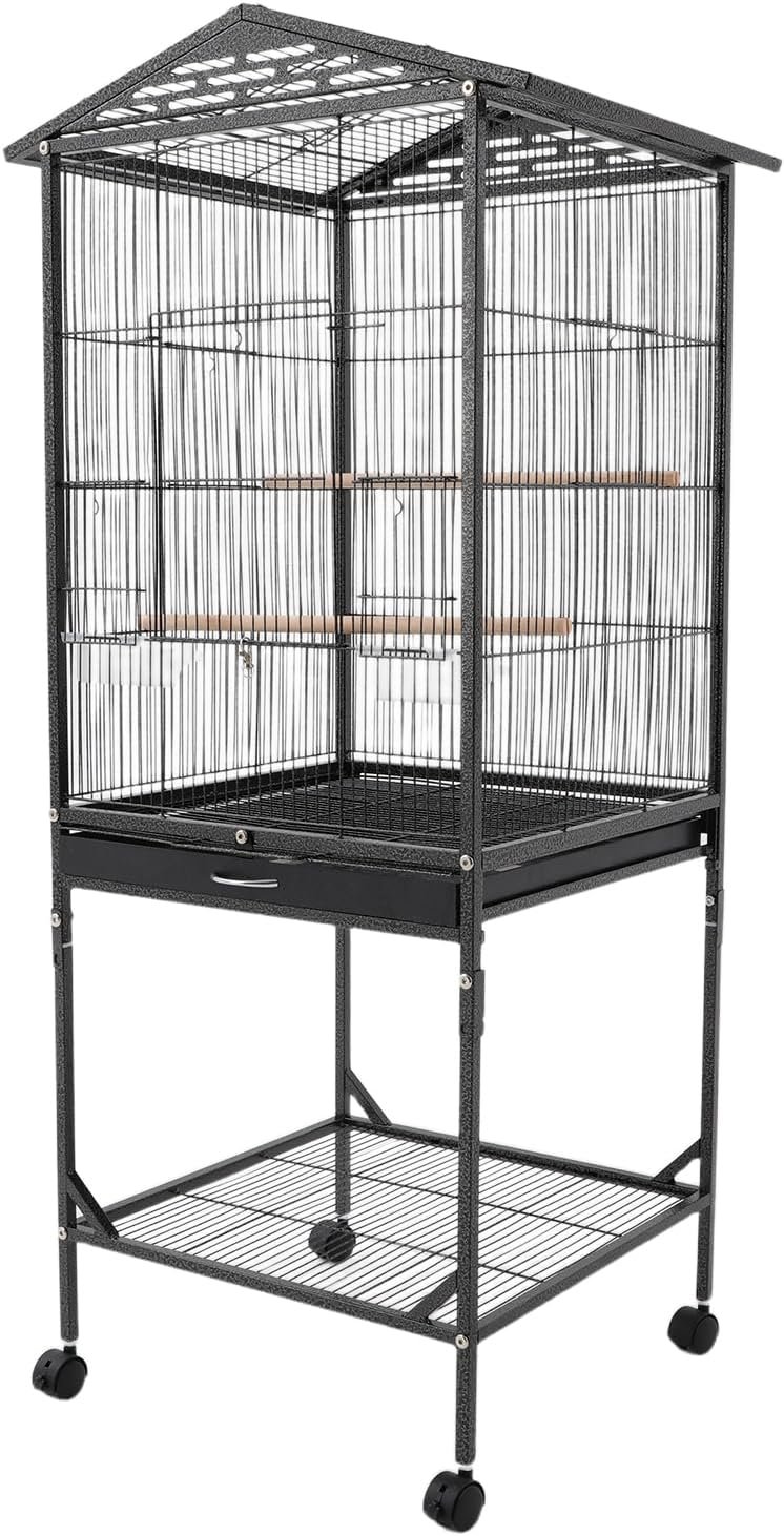 54Inch Wrought Iron Bird Cage with Rolling Stand, Black